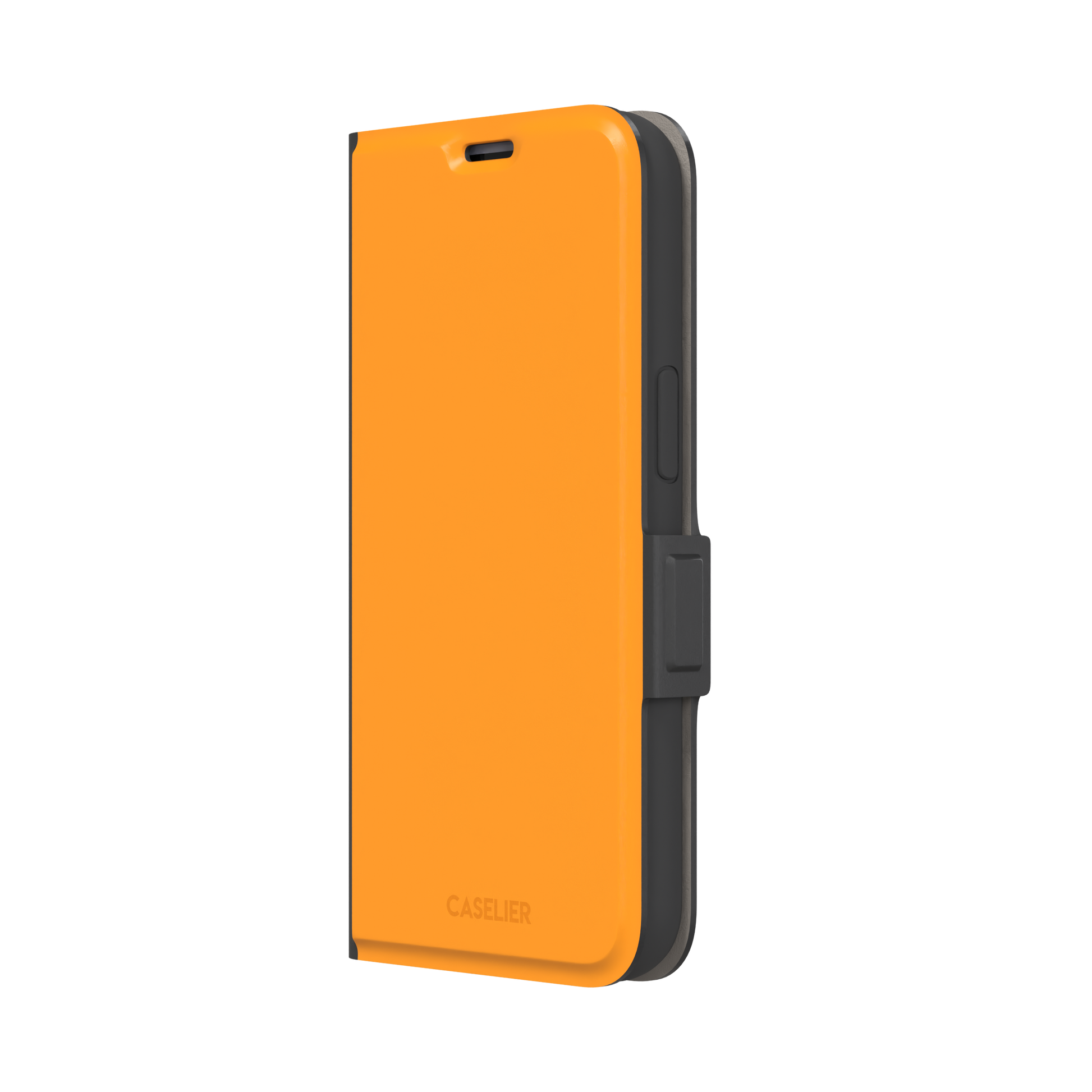 Warm mango-yellow solid-color phone case variant on iPhone, phone case by Caselier — wallet case, right view