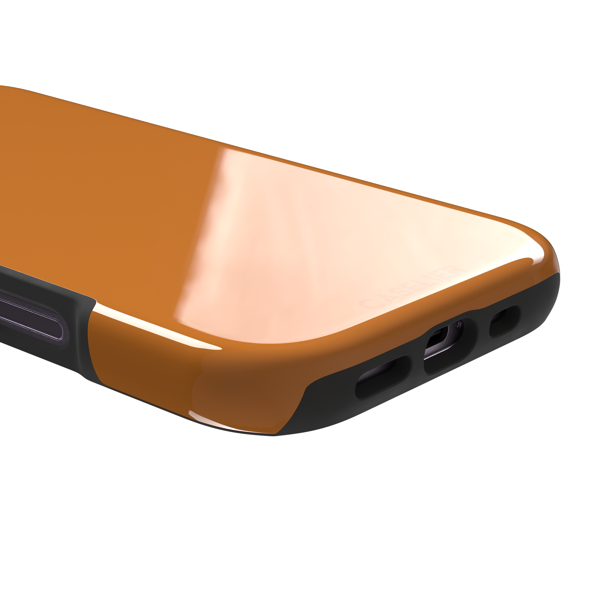 Deep golden-tan solid-color phone case variant on iPhone, phone case by Caselier — tough case, charging port detail