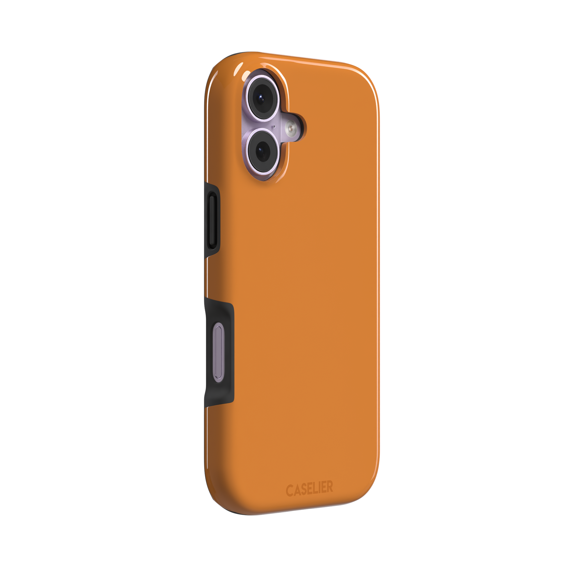 Deep golden-tan solid-color phone case variant on iPhone, phone case by Caselier — tough case, left view