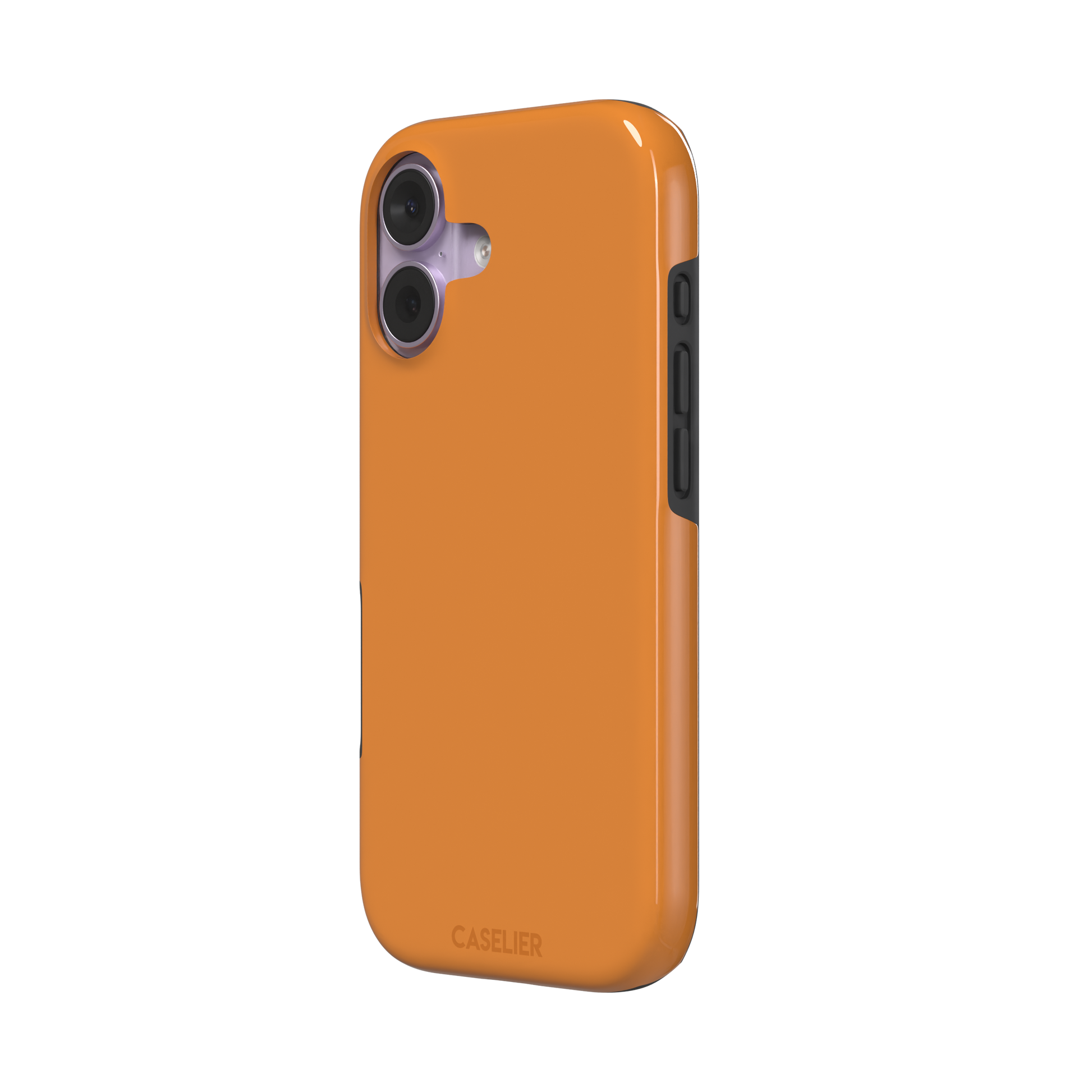 Deep golden-tan solid-color phone case variant on iPhone, phone case by Caselier — tough case, right view