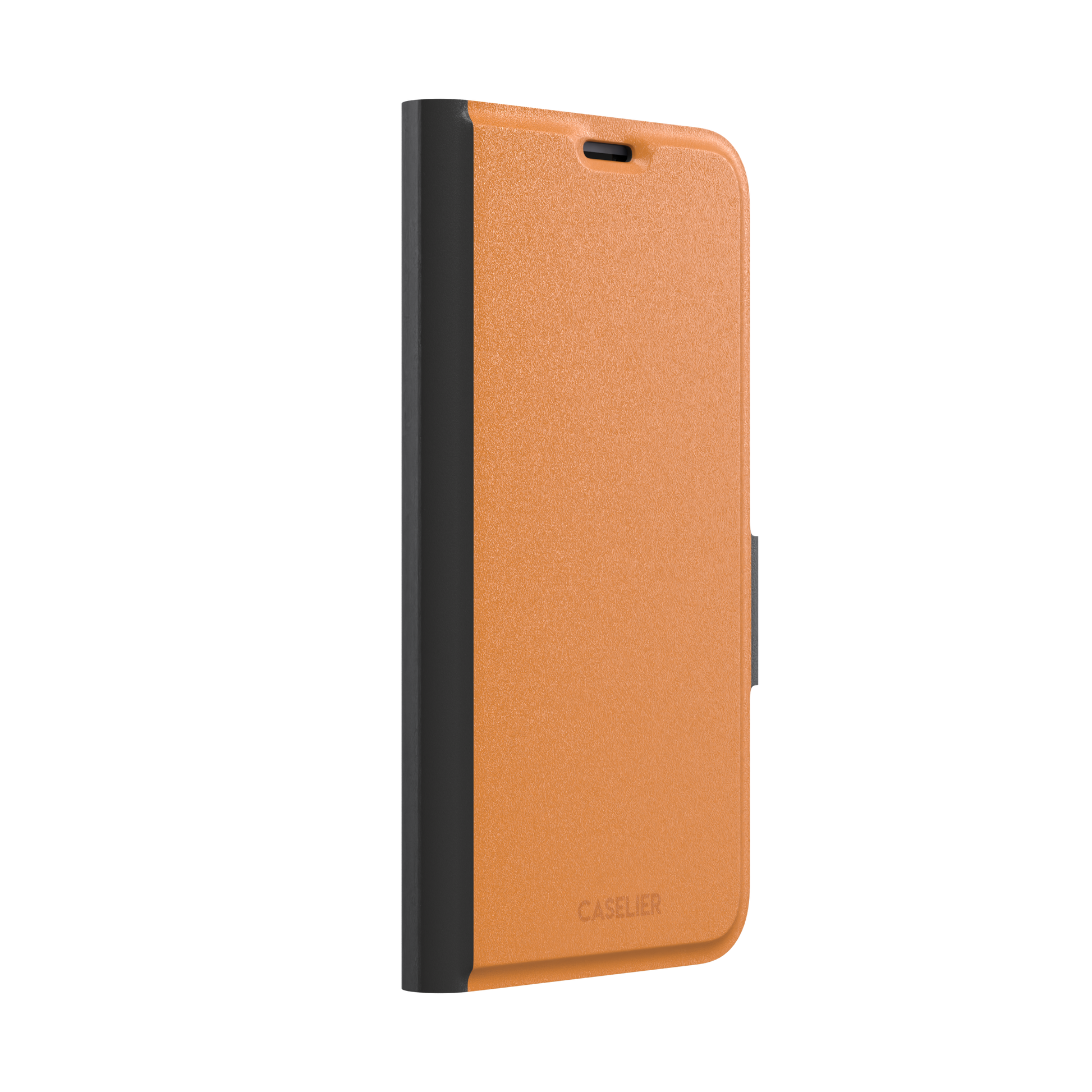 Deep golden-tan solid-color phone case variant on iPhone, phone case by Caselier — wallet case, left view