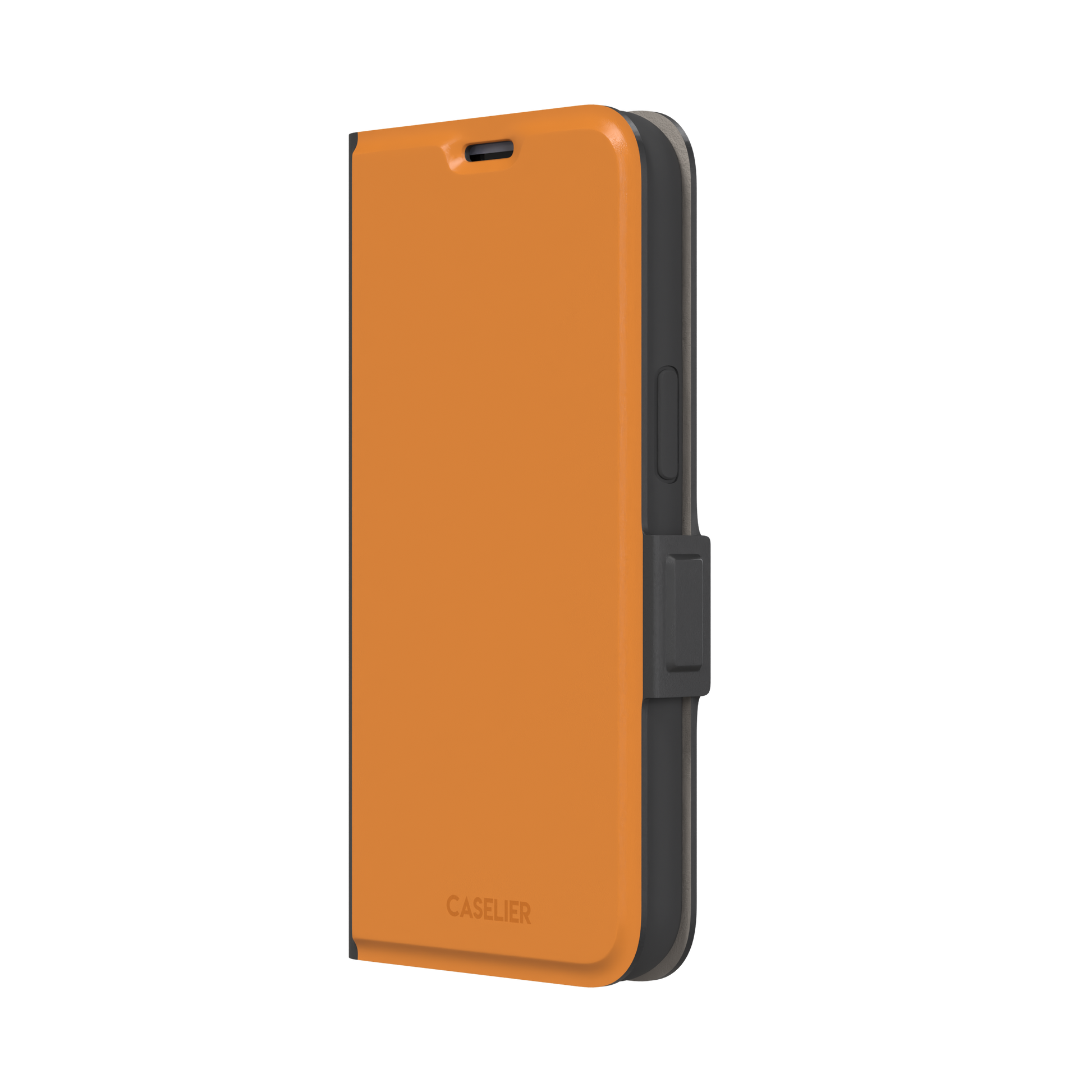 Deep golden-tan solid-color phone case variant on iPhone, phone case by Caselier — wallet case, right view