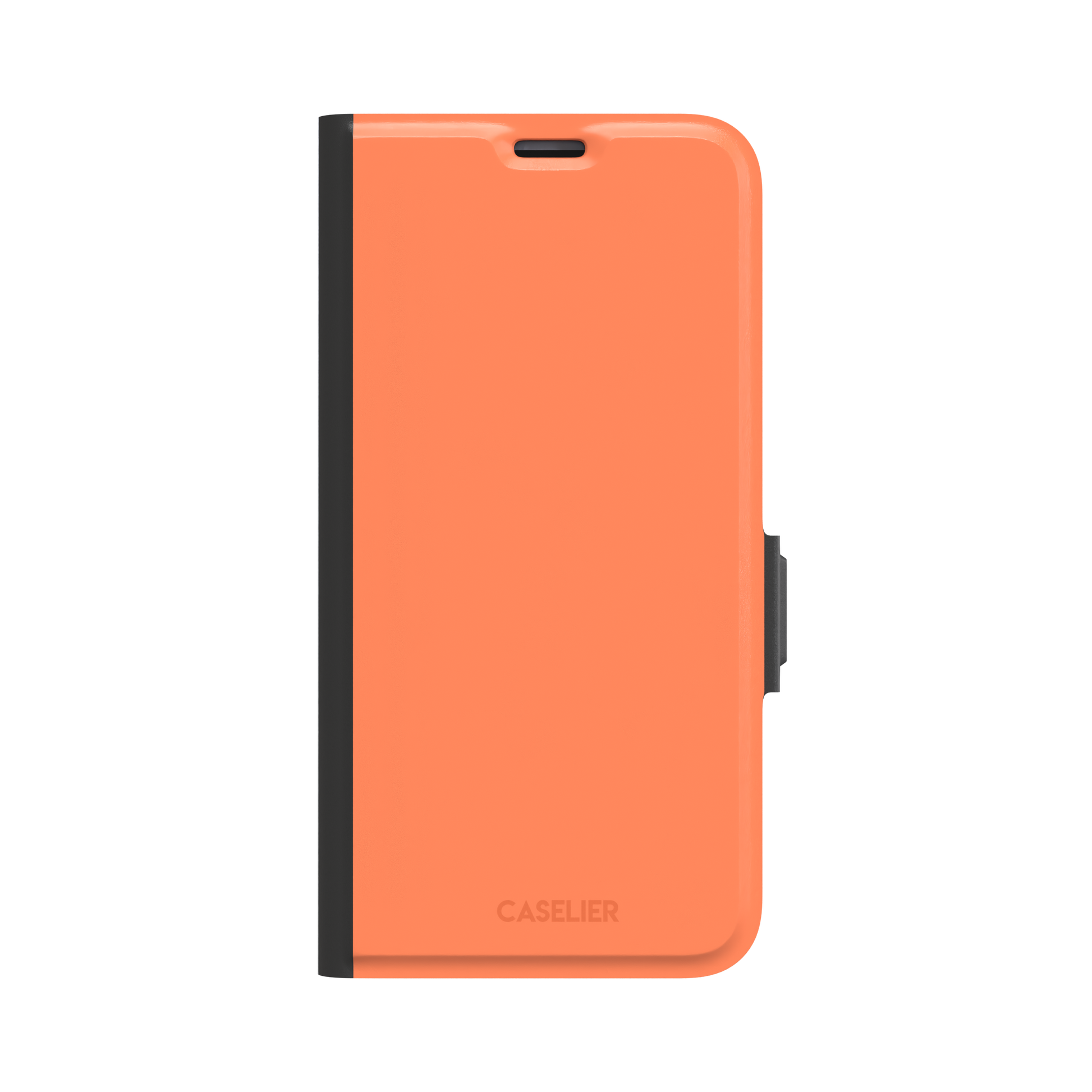 Light coral-orange solid-color phone case variant on iPhone, phone case by Caselier — wallet case, front view