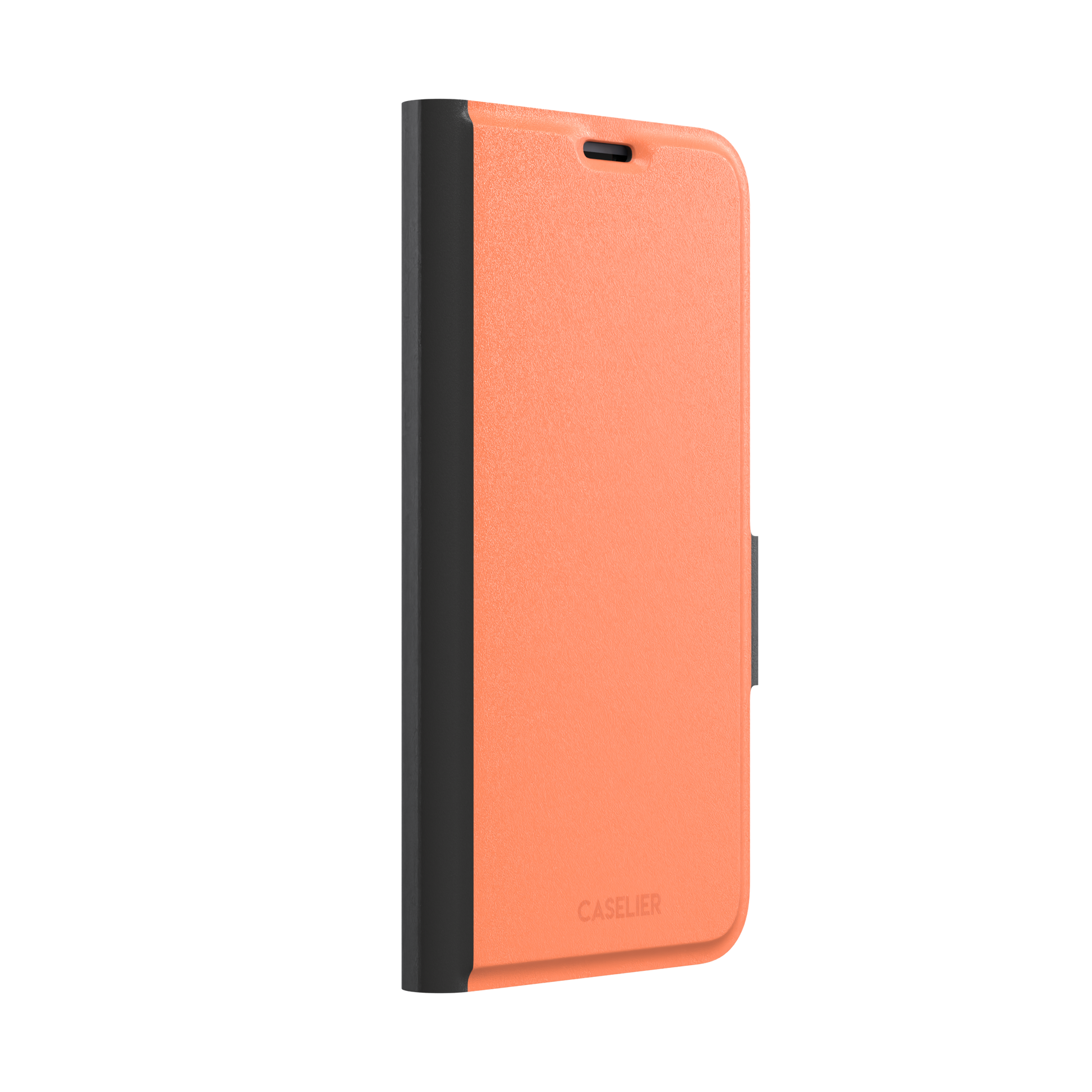 Light coral-orange solid-color phone case variant on iPhone, phone case by Caselier — wallet case, left view