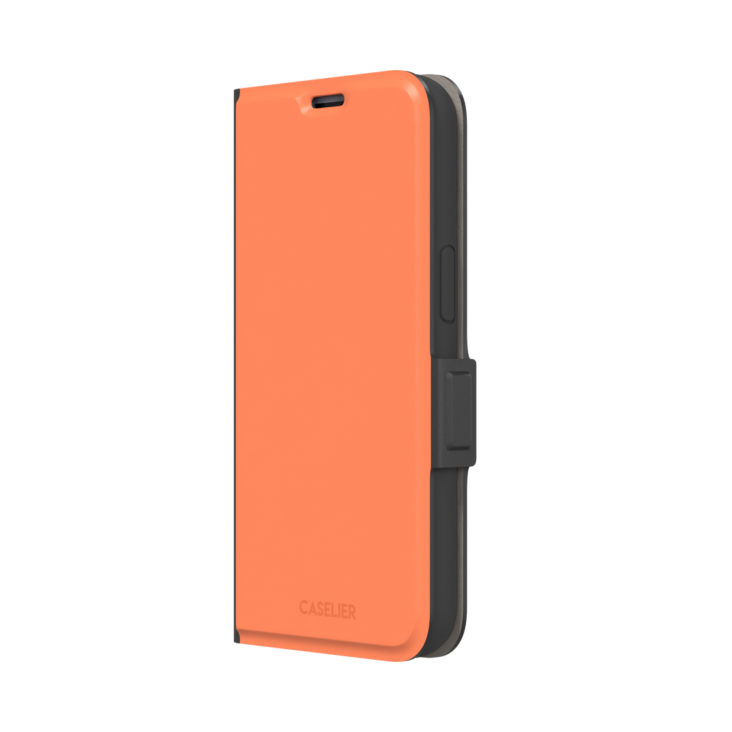 Light coral-orange solid-color phone case variant on iPhone, phone case by Caselier — wallet case, right view