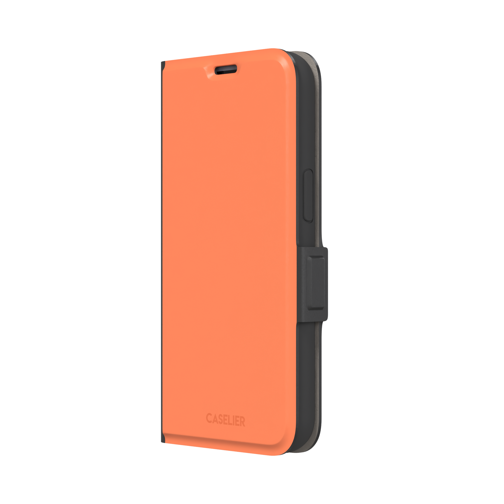 Light coral-orange solid-color phone case variant on iPhone, phone case by Caselier — wallet case, right view