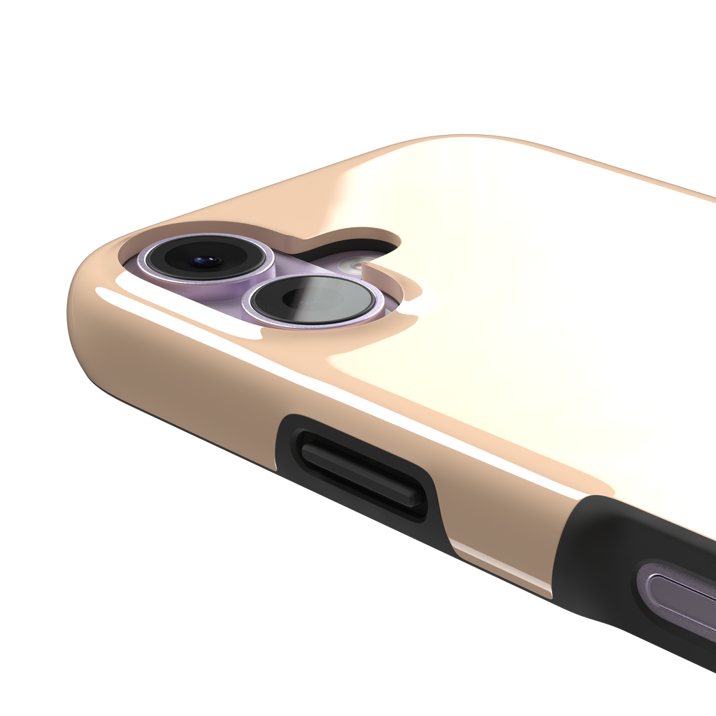 Soft peach solid-color phone case variant with warm pastel finish on iPhone, phone case by Caselier — tough case, volume buttons detail