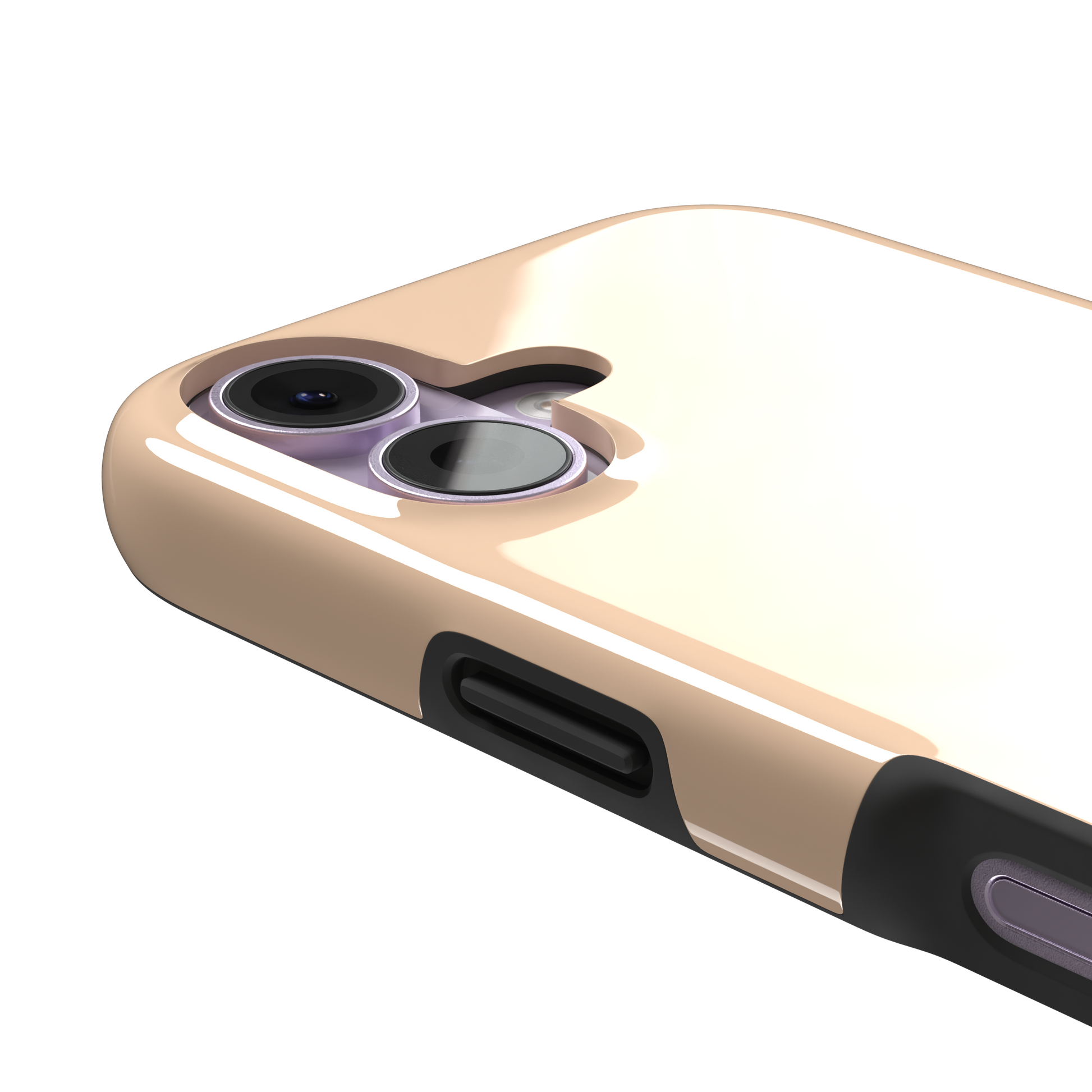 Soft peach solid-color phone case variant with warm pastel finish on iPhone, phone case by Caselier — tough case, volume buttons detail