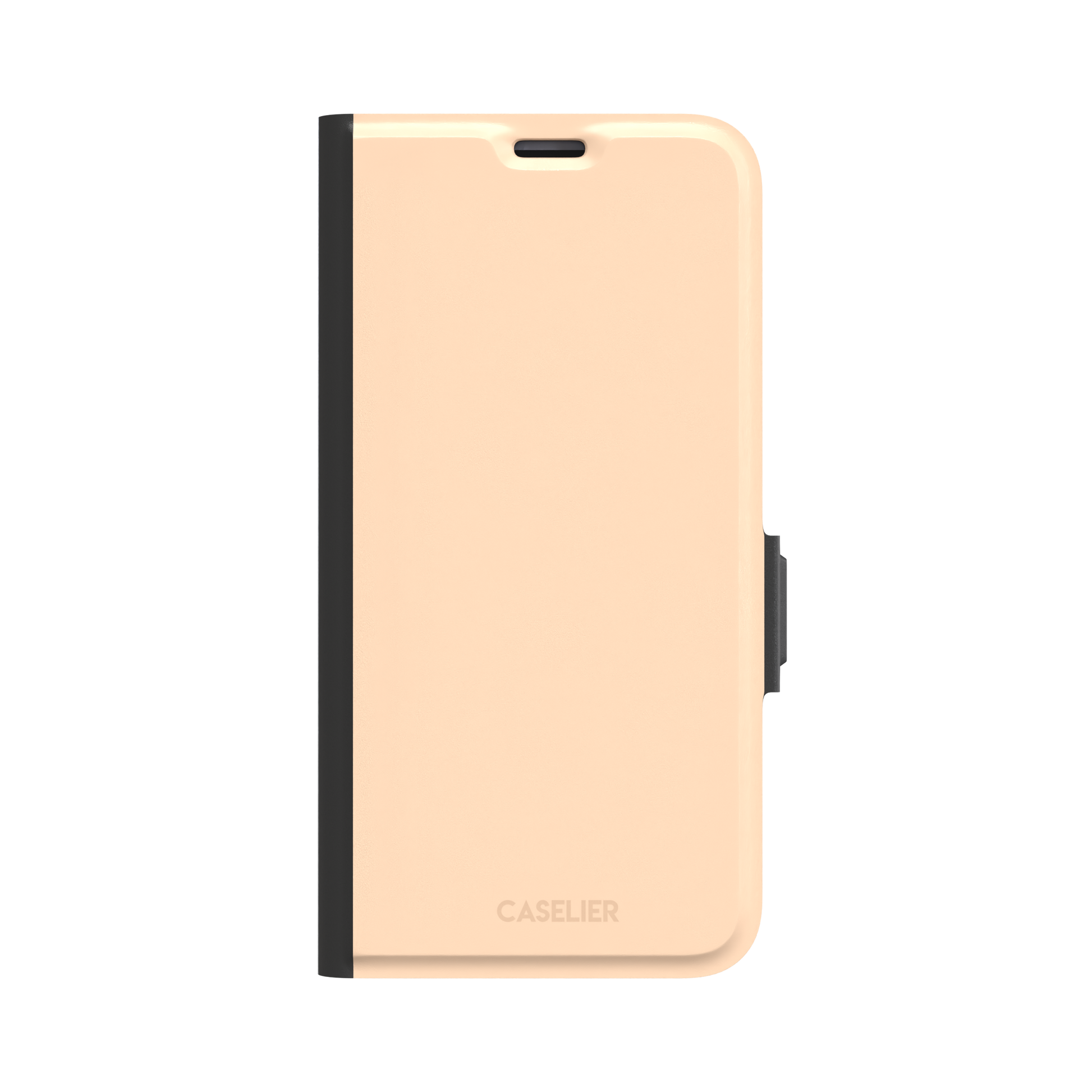 Soft peach solid-color phone case variant with warm pastel finish on iPhone, phone case by Caselier — wallet case, front view