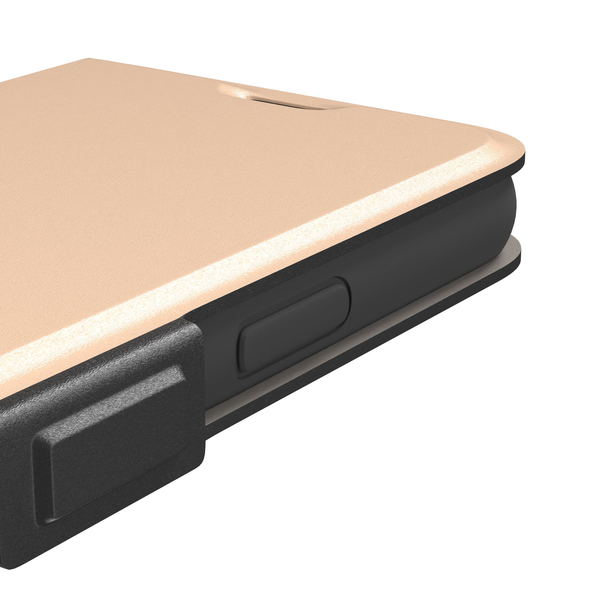 Soft peach solid-color phone case variant with warm pastel finish on iPhone, phone case by Caselier — wallet case, volume buttons detail