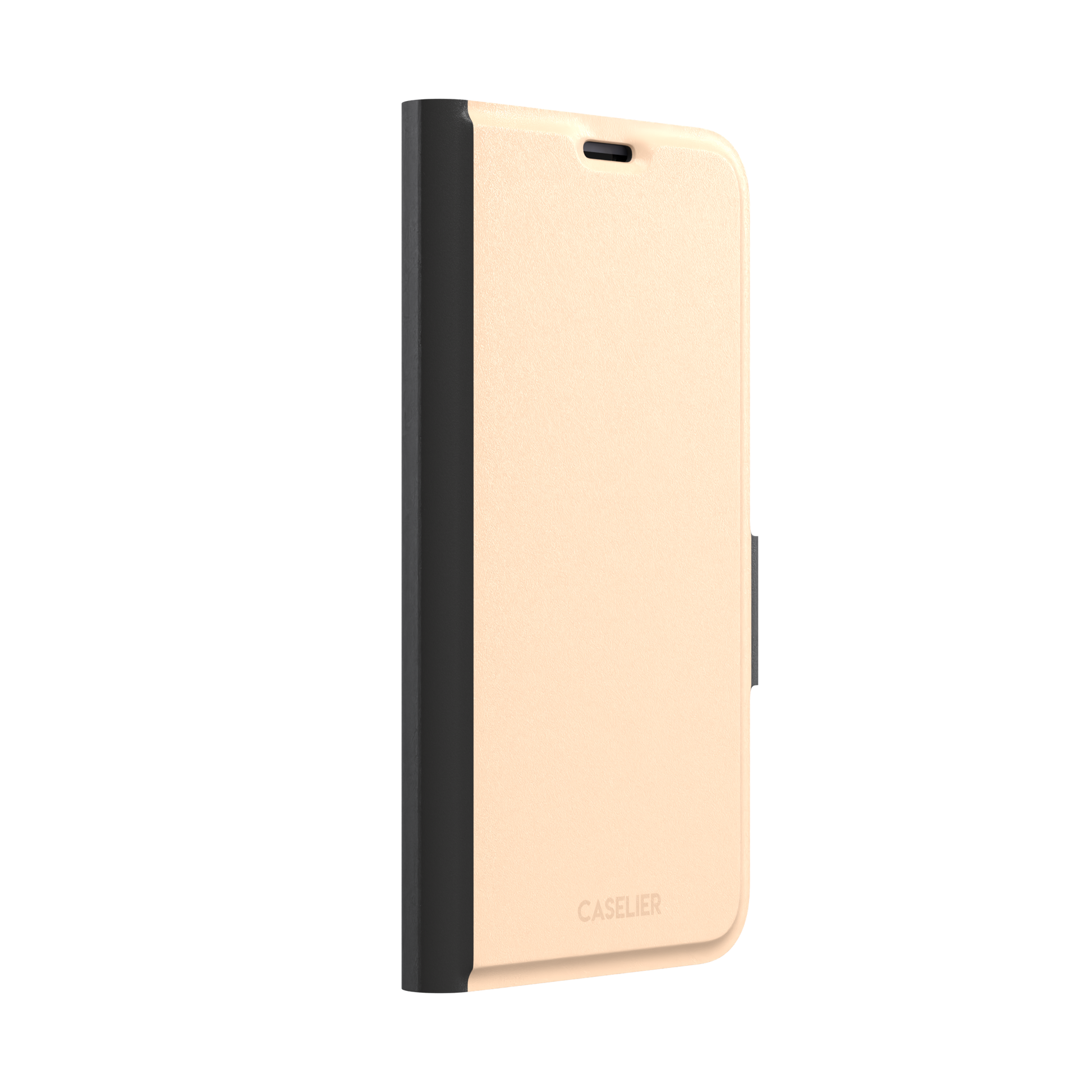 Soft peach solid-color phone case variant with warm pastel finish on iPhone, phone case by Caselier — wallet case, left view