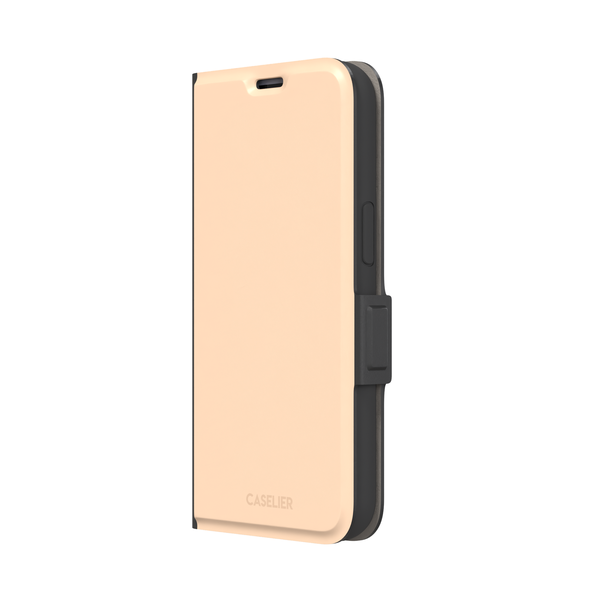 Soft peach solid-color phone case variant with warm pastel finish on iPhone, phone case by Caselier — wallet case, right view