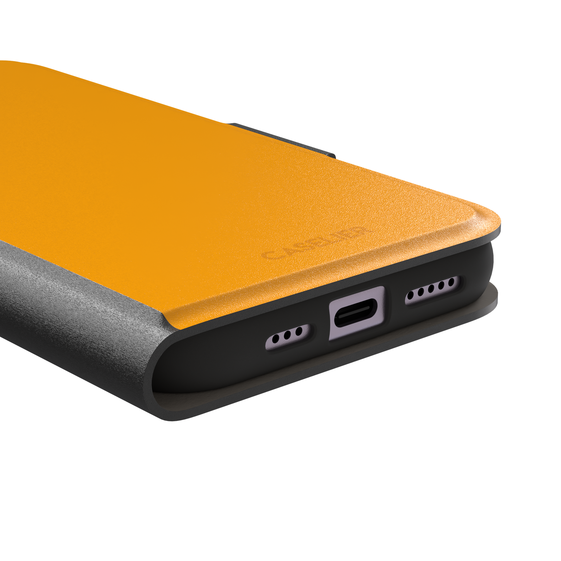 Bright amber-yellow solid-color phone case variant on iPhone, phone case by Caselier — wallet case, charging port detail