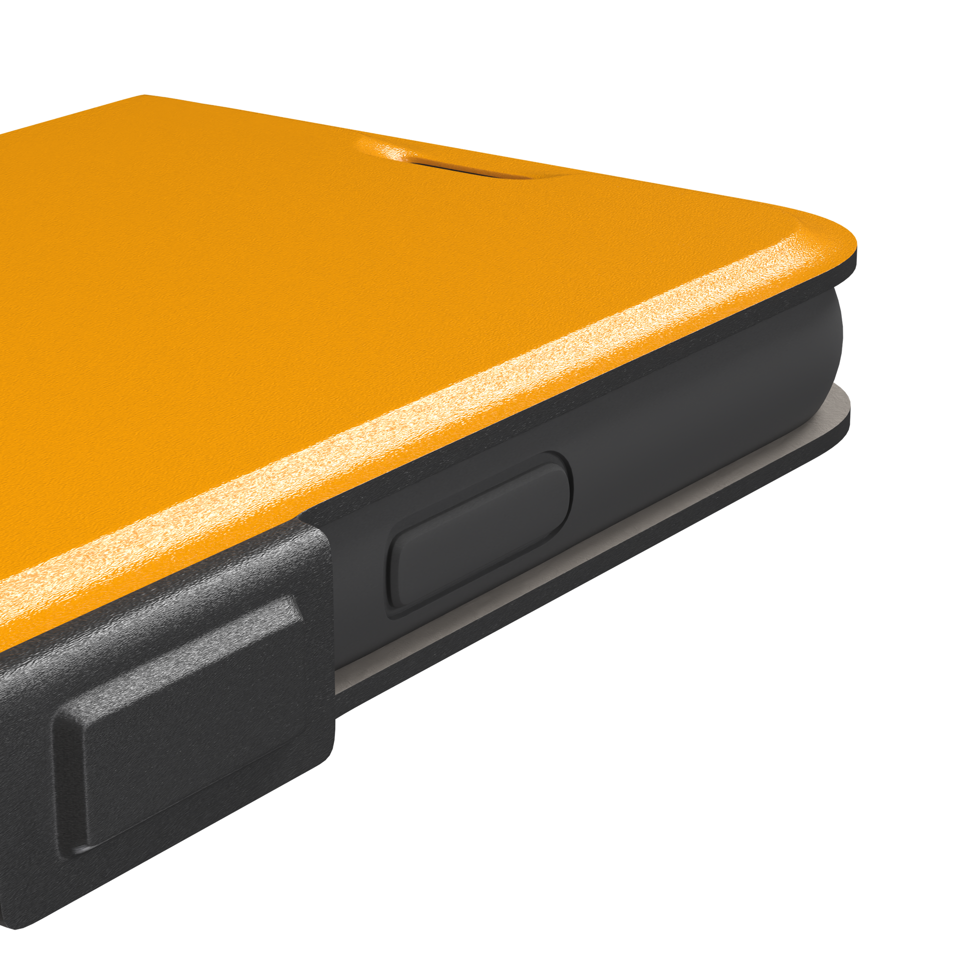 Bright amber-yellow solid-color phone case variant on iPhone, phone case by Caselier — wallet case, volume buttons detail