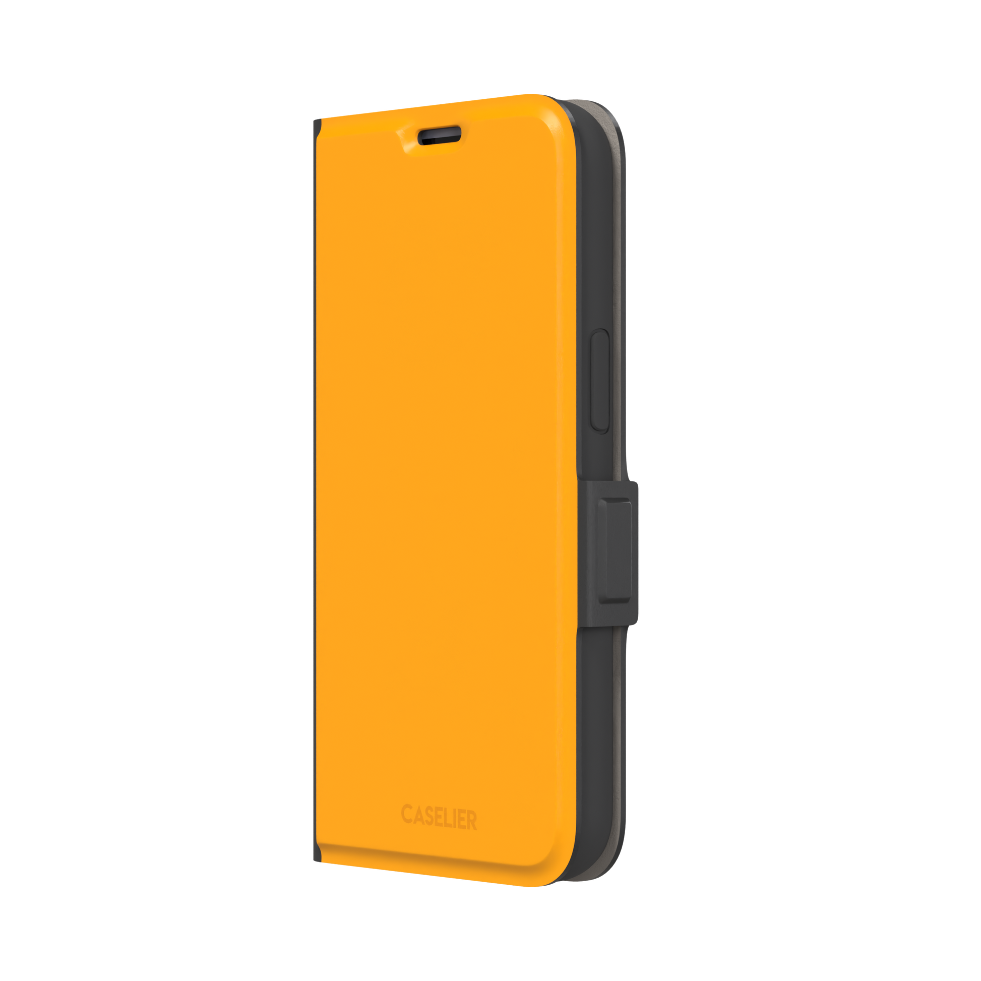 Bright amber-yellow solid-color phone case variant on iPhone, phone case by Caselier — wallet case, right view