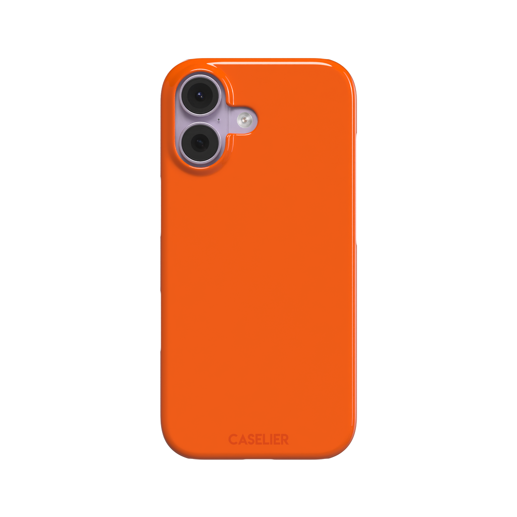 Bold vivid orange solid-color phone case, slightly zoomed front view on iPhone, phone case by Caselier — snap case, front view