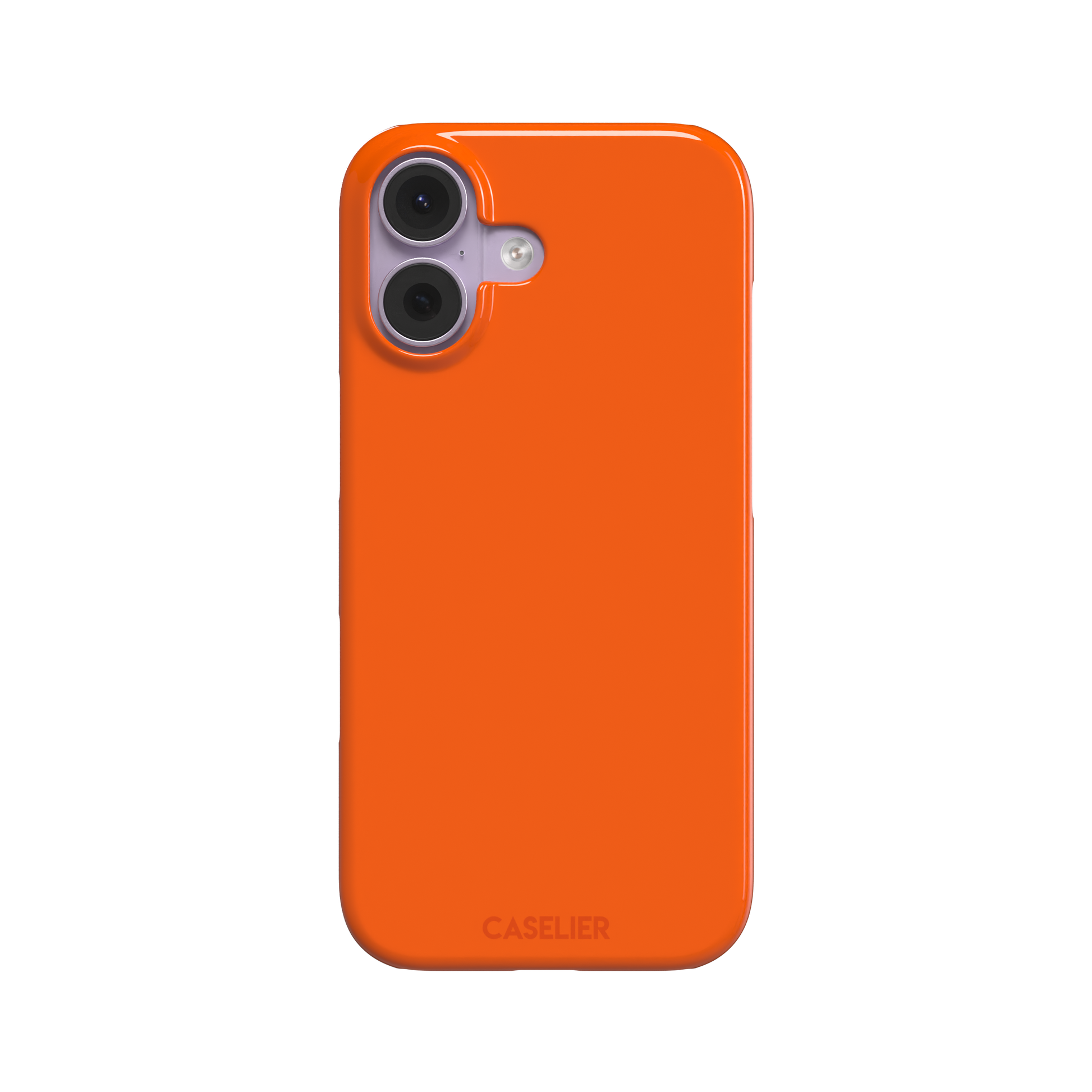 Bold vivid orange solid-color phone case, slightly zoomed front view on iPhone, phone case by Caselier — snap case, front view