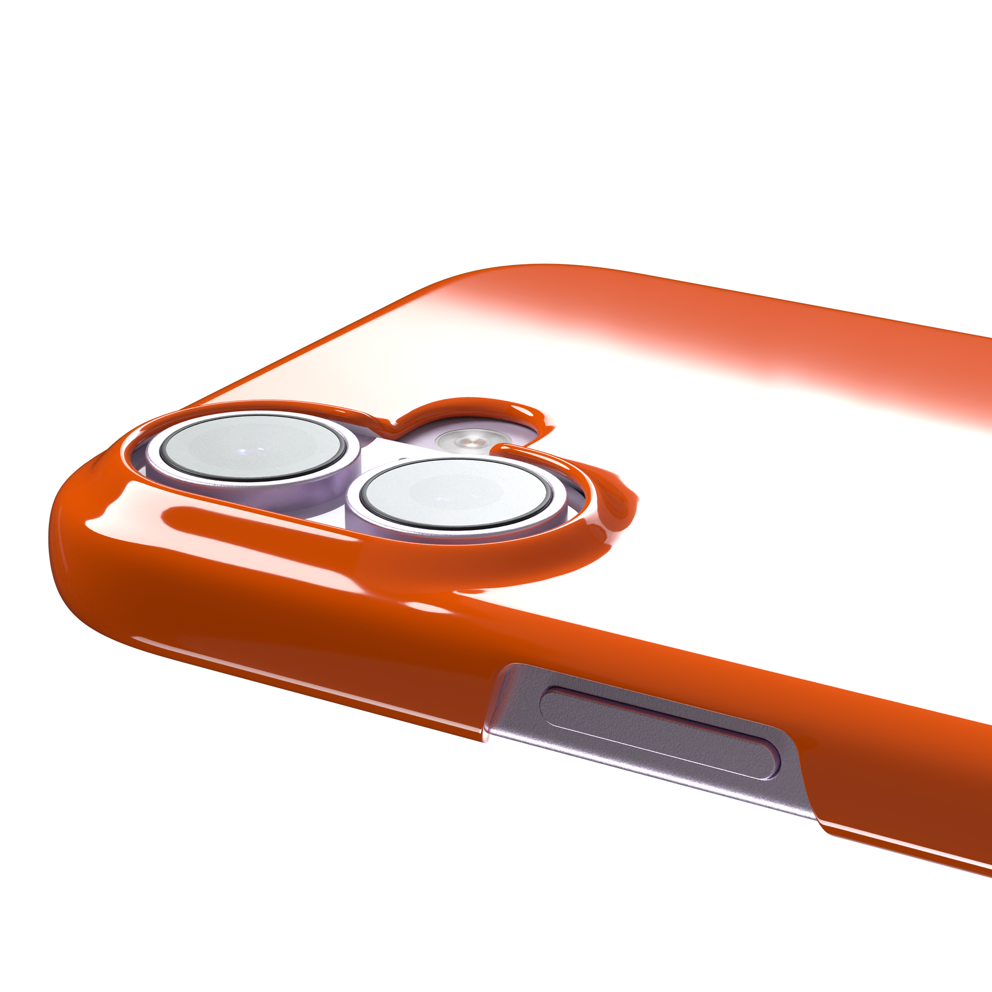 Bold vivid orange solid-color phone case, slightly zoomed front view on iPhone, phone case by Caselier — snap case, volume buttons detail
