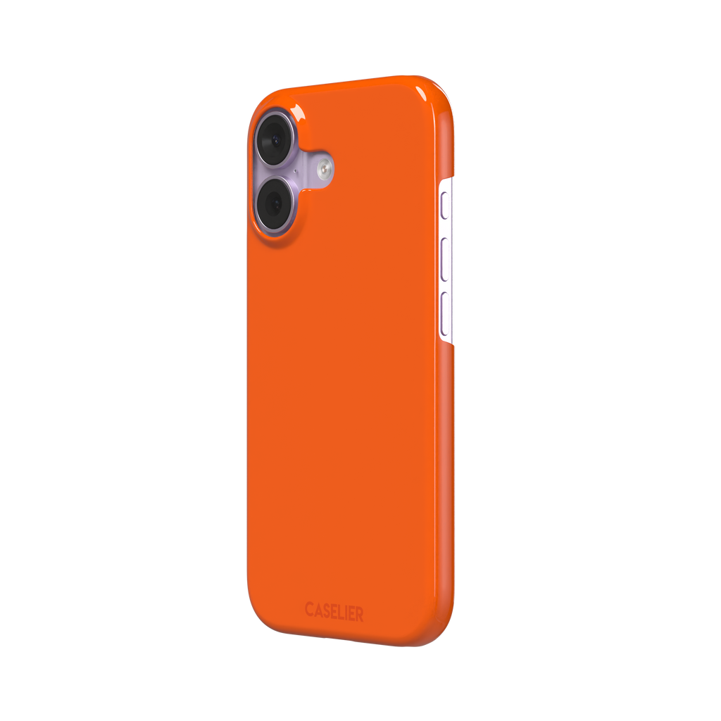 Bold vivid orange solid-color phone case, slightly zoomed front view on iPhone, phone case by Caselier — snap case, right view