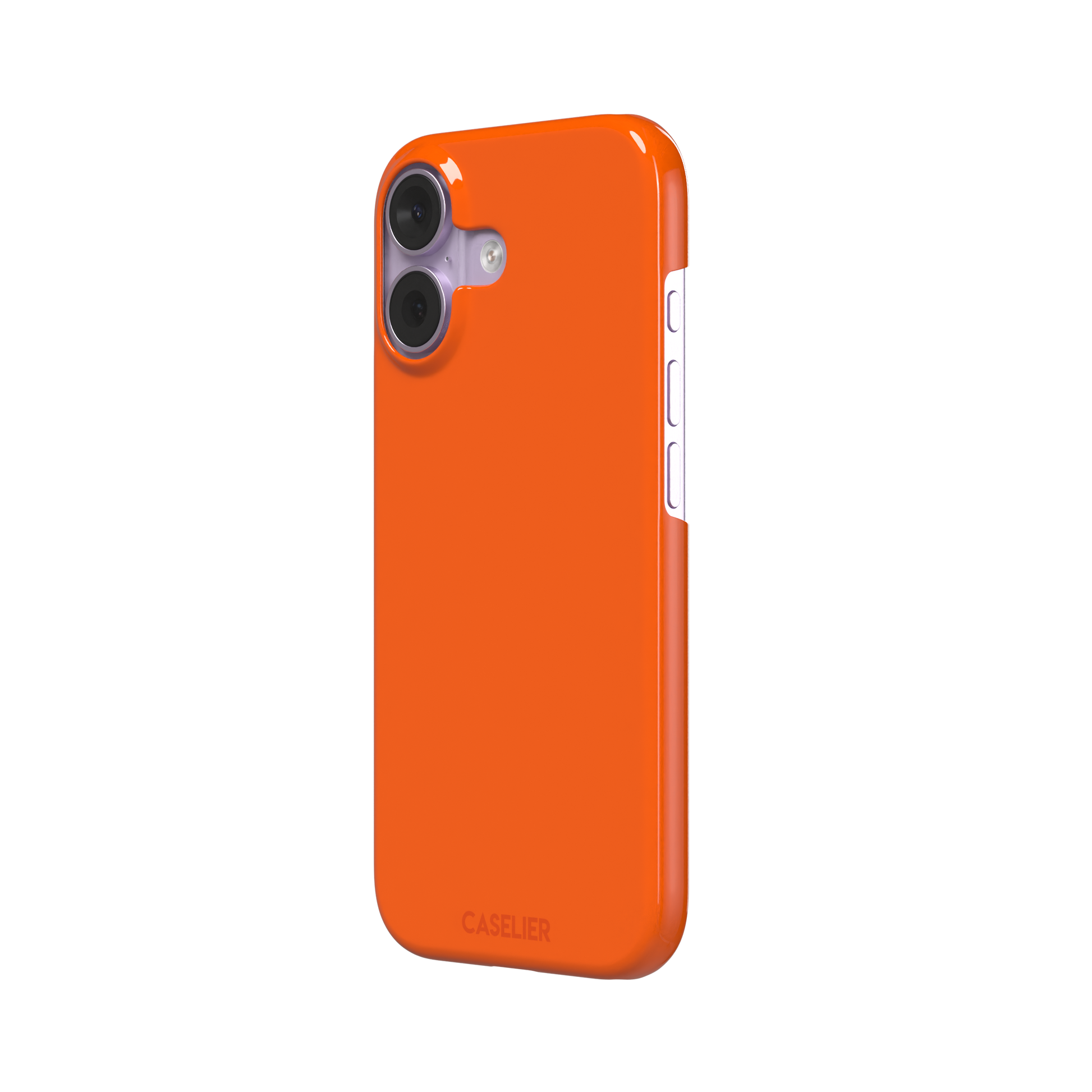 Bold vivid orange solid-color phone case, slightly zoomed front view on iPhone, phone case by Caselier — snap case, right view