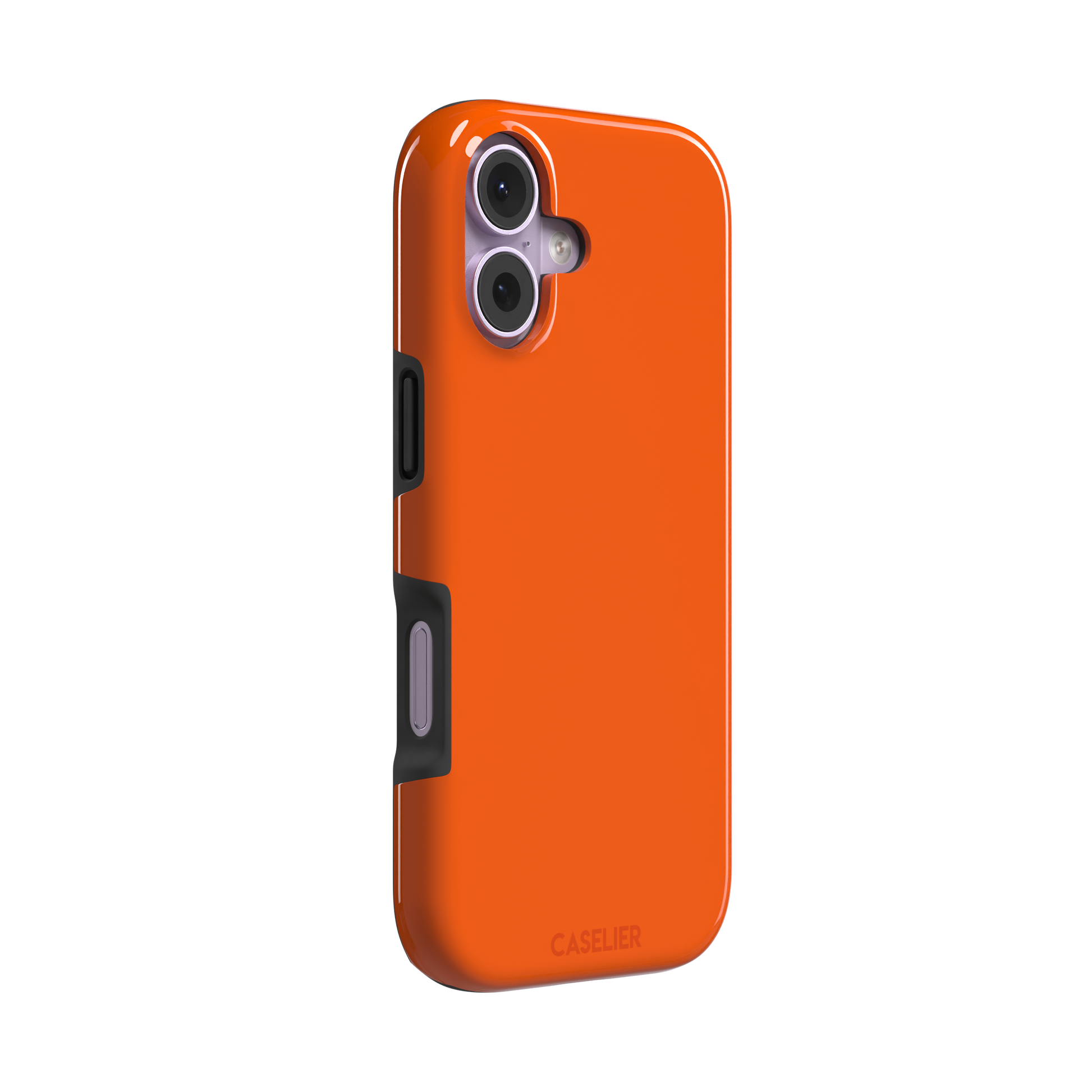 Bold vivid orange solid-color phone case, slightly zoomed front view on iPhone, phone case by Caselier — tough case, left view