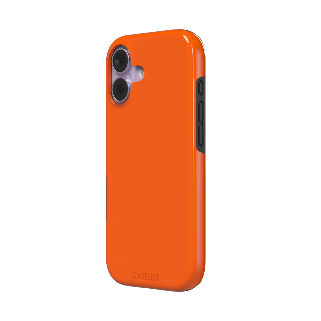 Bold vivid orange solid-color phone case, slightly zoomed front view on iPhone, phone case by Caselier — tough case, right view