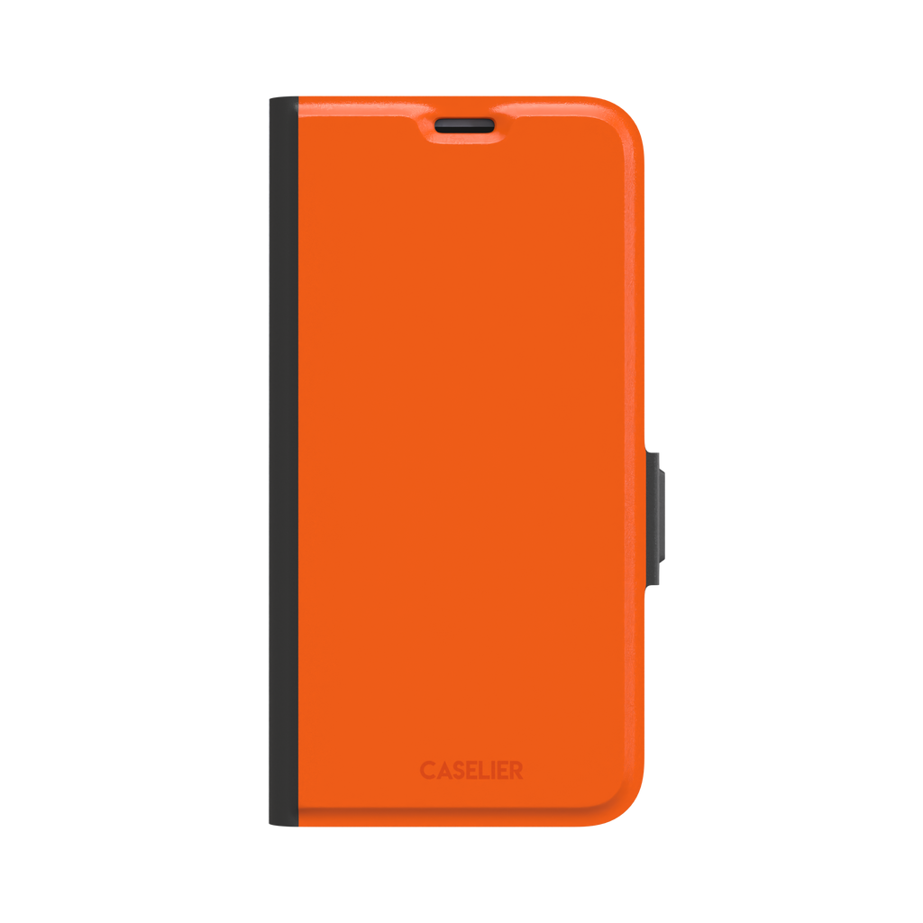 Bold vivid orange solid-color phone case, slightly zoomed front view on iPhone, phone case by Caselier — wallet case, front view