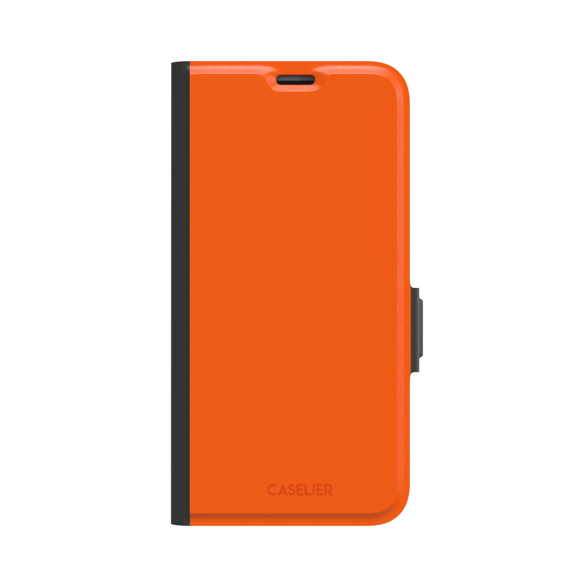 Bold vivid orange solid-color phone case, slightly zoomed front view on iPhone, phone case by Caselier — wallet case, front view