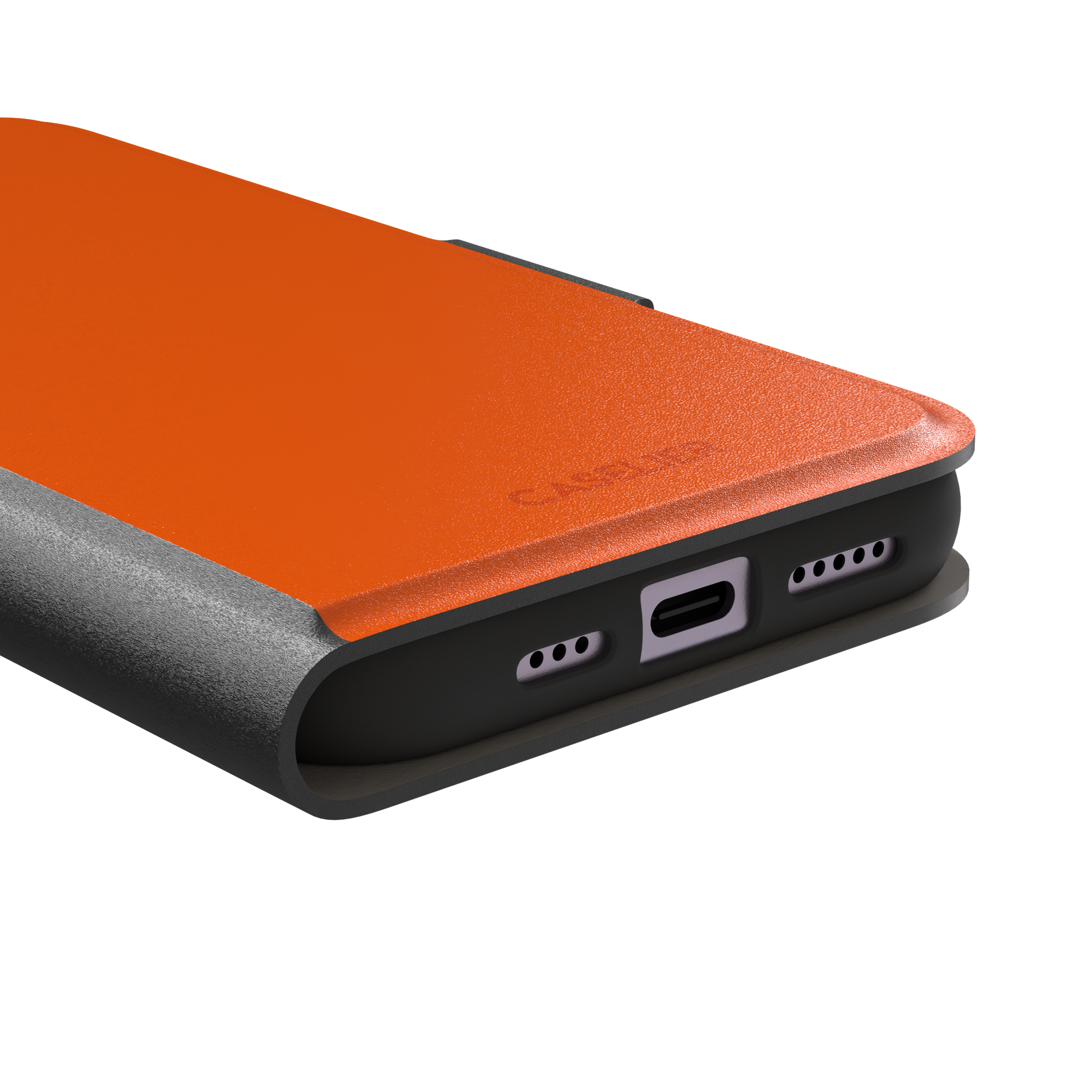 Bold vivid orange solid-color phone case, slightly zoomed front view on iPhone, phone case by Caselier — wallet case, charging port detail