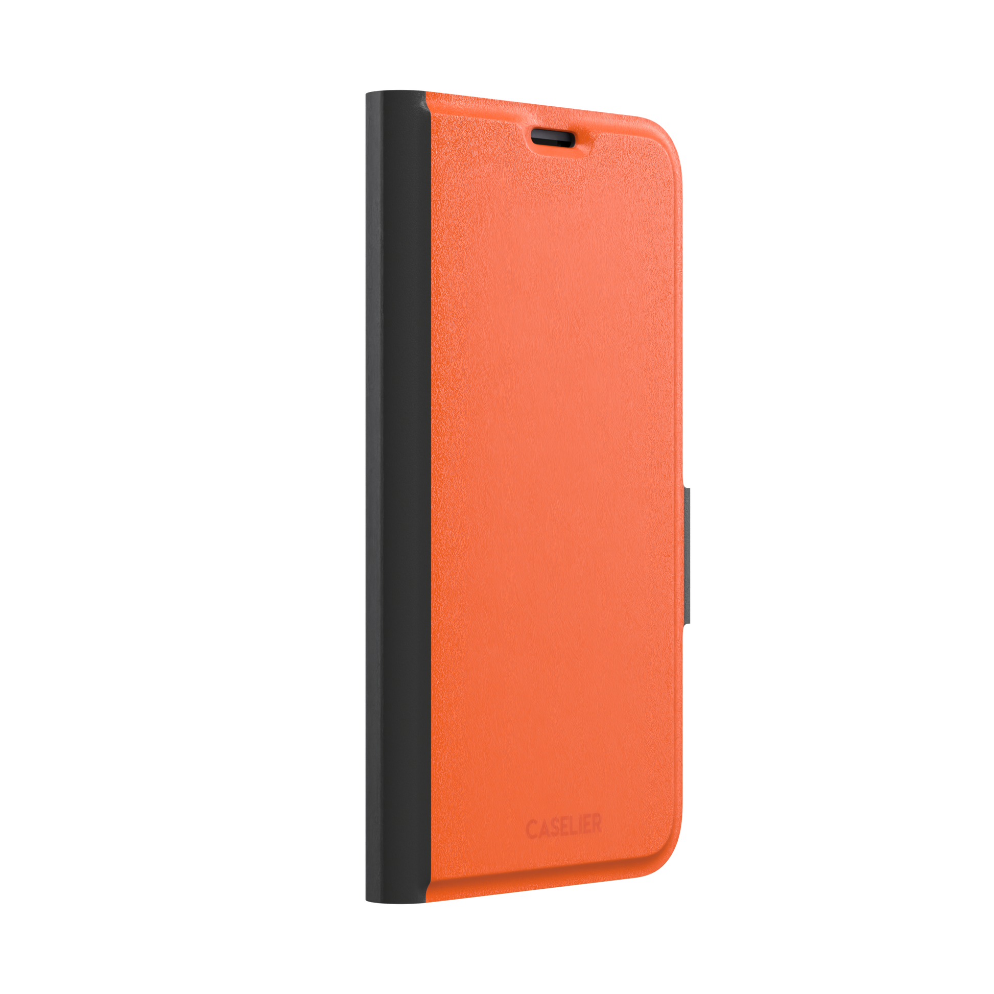 Bold vivid orange solid-color phone case, slightly zoomed front view on iPhone, phone case by Caselier — wallet case, left view