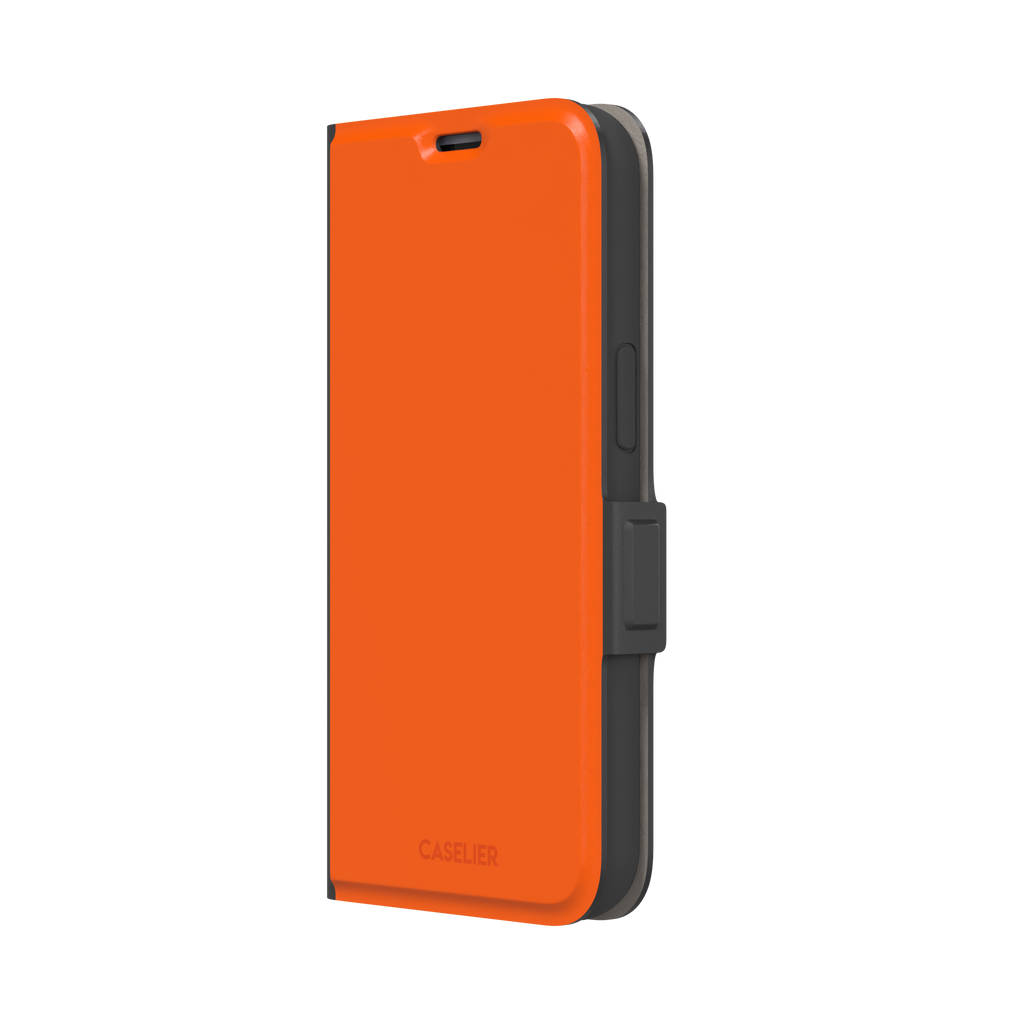 Bold vivid orange solid-color phone case, slightly zoomed front view on iPhone, phone case by Caselier — wallet case, right view