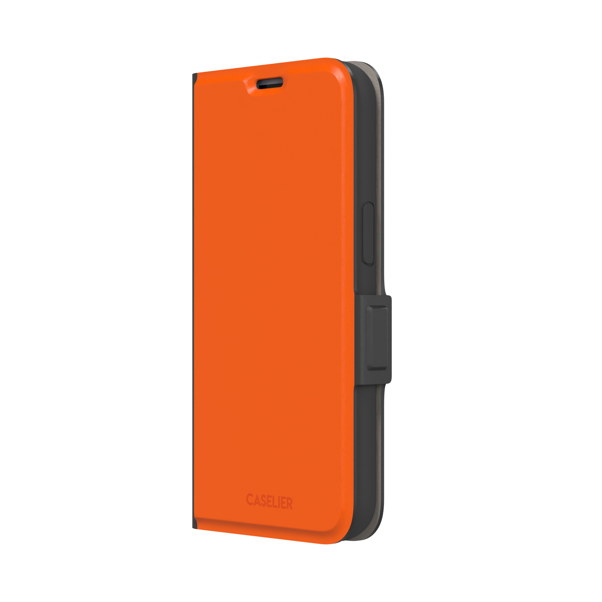 Bold vivid orange solid-color phone case, slightly zoomed front view on iPhone, phone case by Caselier — wallet case, right view