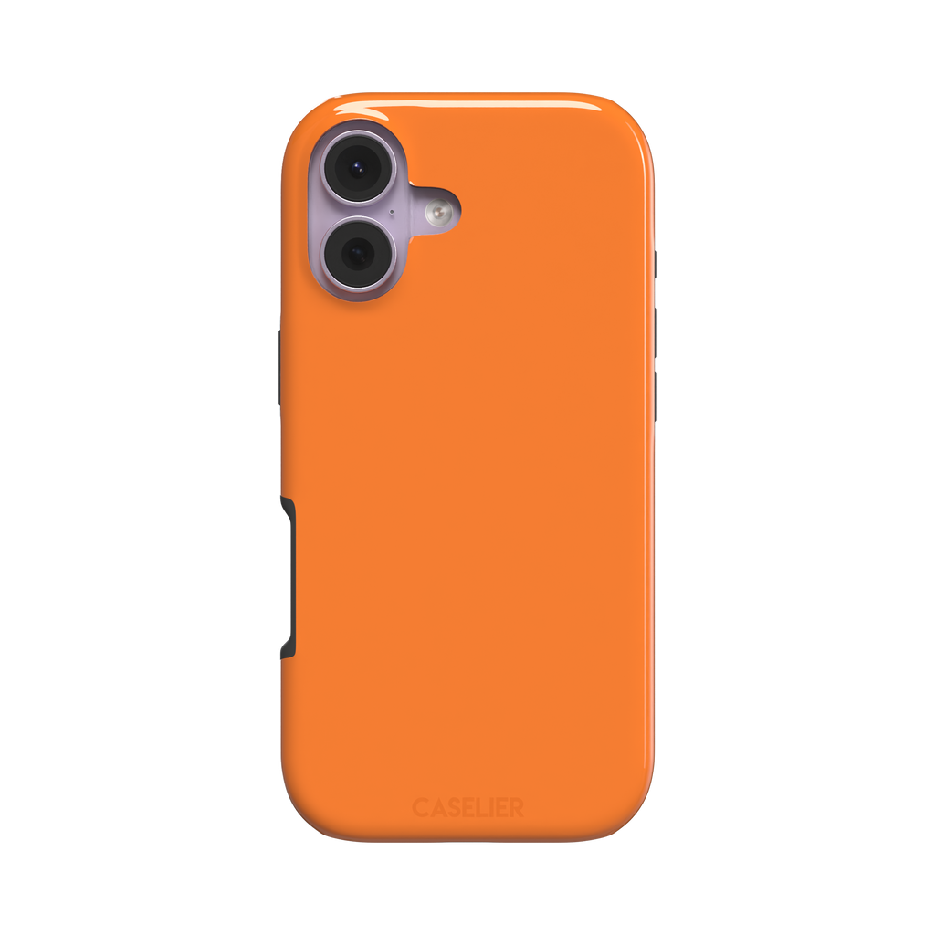 Bold vivid orange solid-color phone case with smooth matte finish, front view on iPhone, phone case by Caselier — tough case, front view