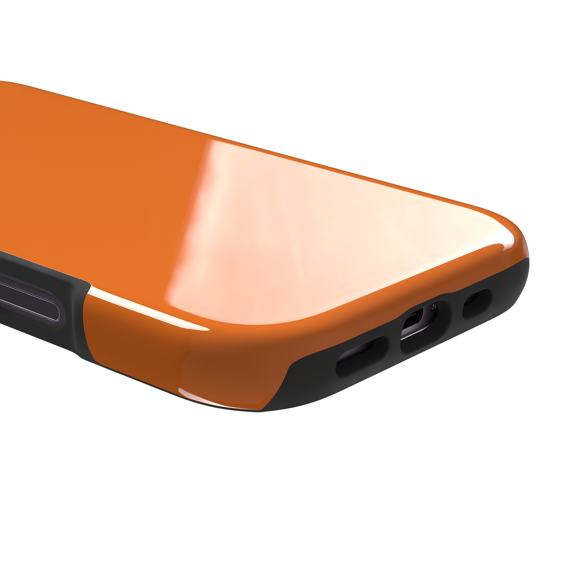 Bold vivid orange solid-color phone case with smooth matte finish, front view on iPhone, phone case by Caselier — tough case, charging port detail