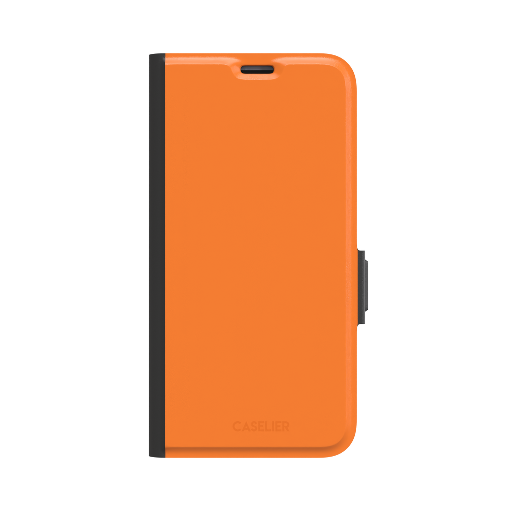 Bold vivid orange solid-color phone case with smooth matte finish, front view on iPhone, phone case by Caselier — wallet case, front view