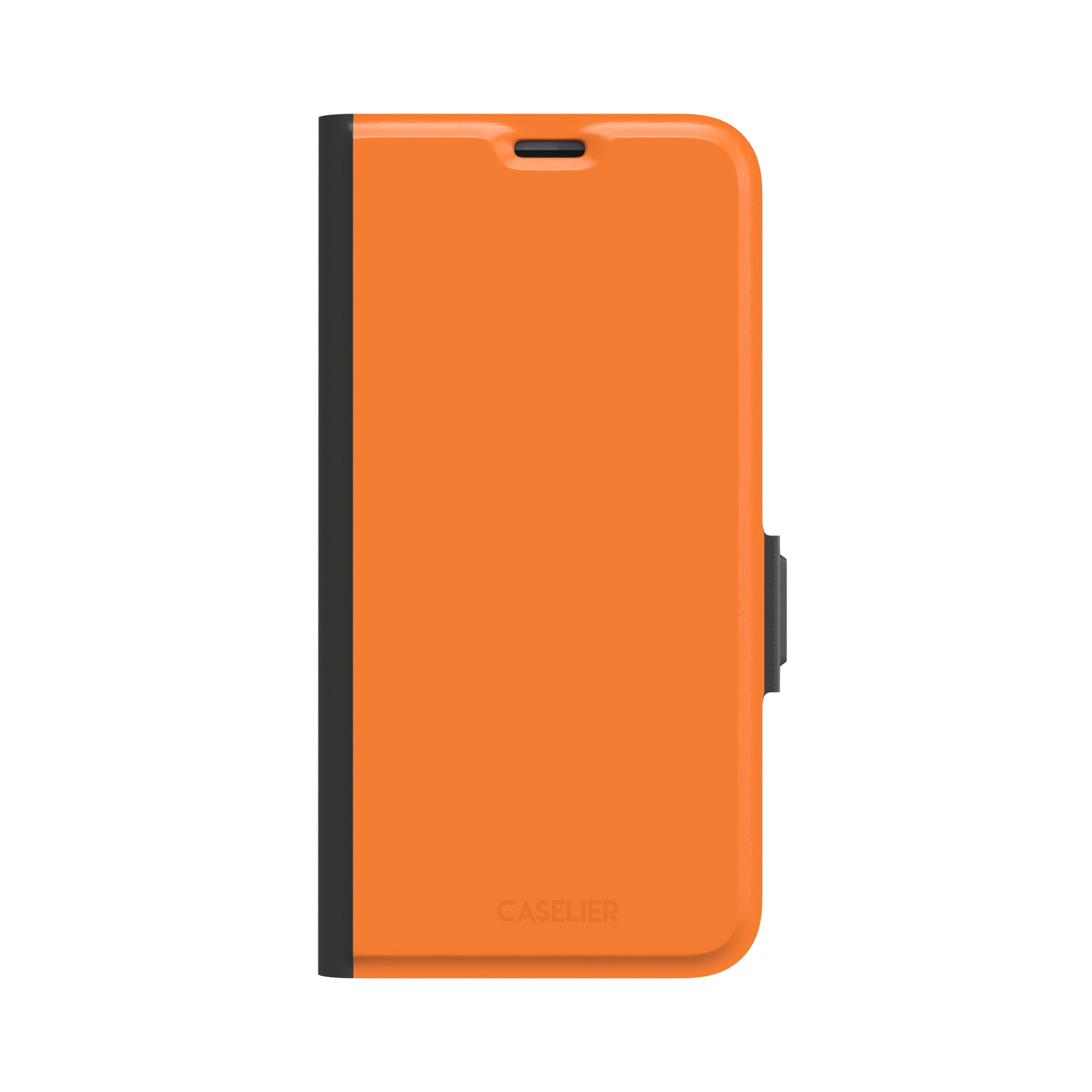 Bold vivid orange solid-color phone case with smooth matte finish, front view on iPhone, phone case by Caselier — wallet case, front view
