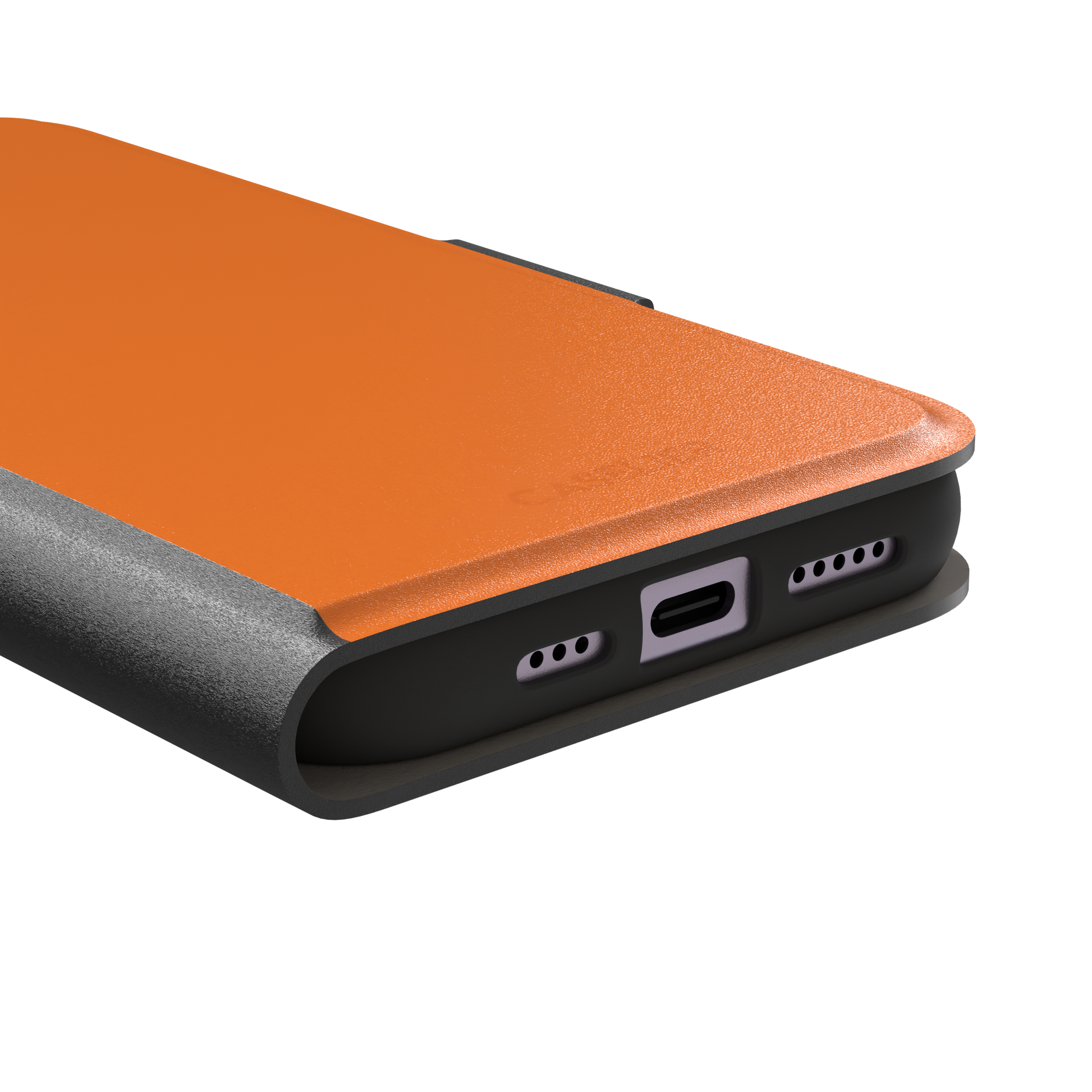 Bold vivid orange solid-color phone case with smooth matte finish, front view on iPhone, phone case by Caselier — wallet case, charging port detail
