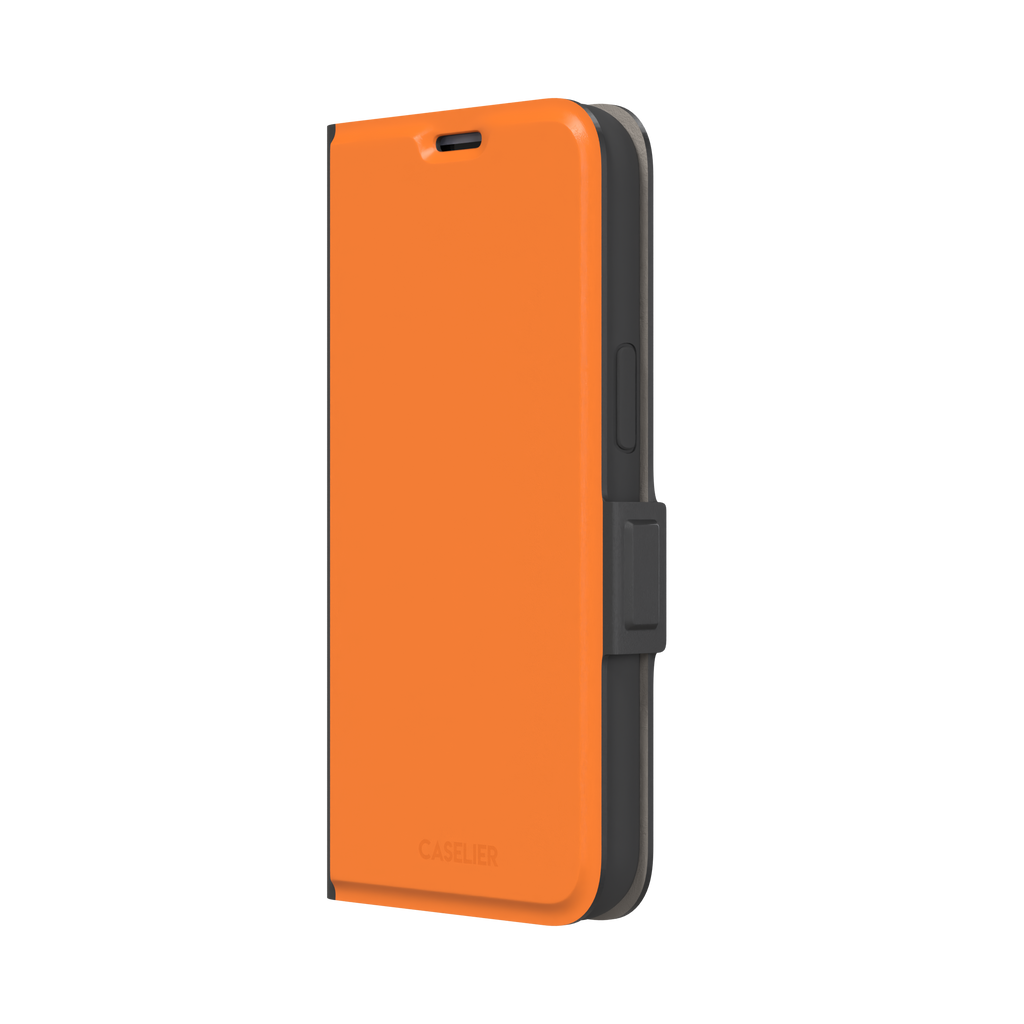 Bold vivid orange solid-color phone case with smooth matte finish, front view on iPhone, phone case by Caselier — wallet case, right view
