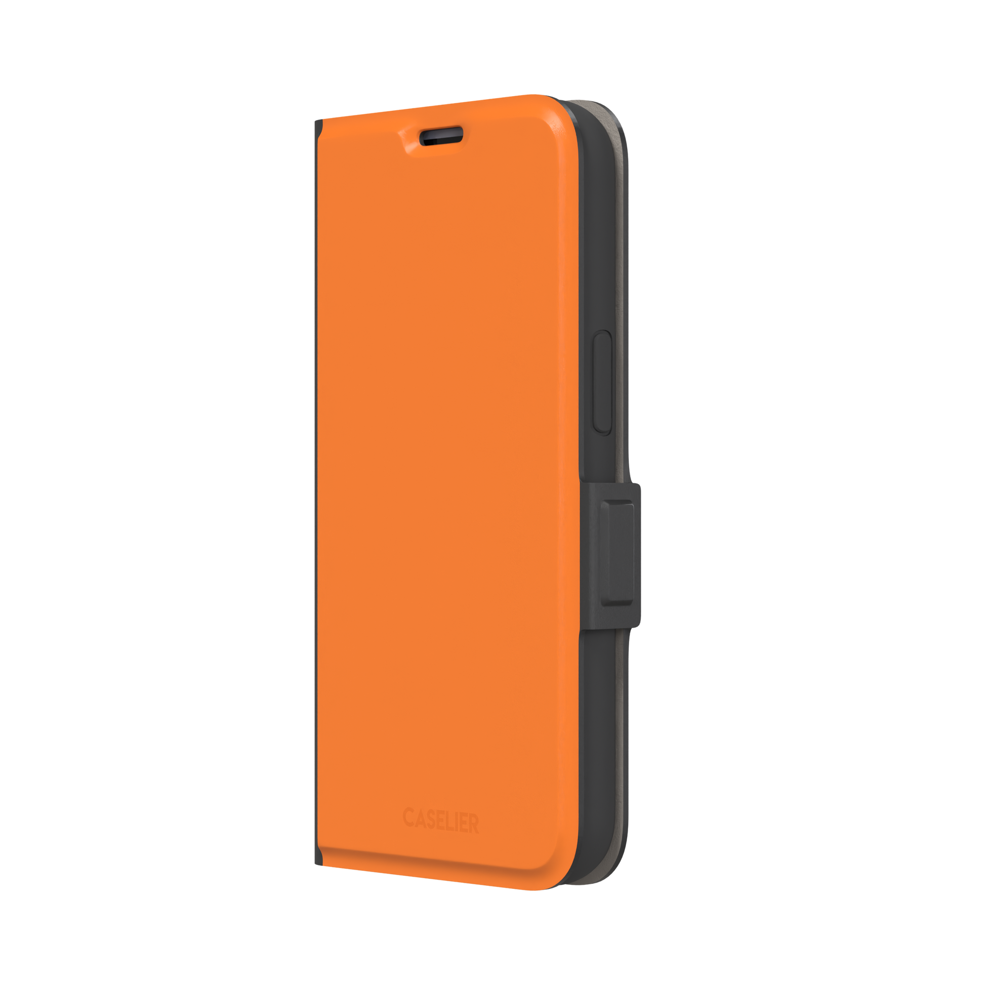 Bold vivid orange solid-color phone case with smooth matte finish, front view on iPhone, phone case by Caselier — wallet case, right view