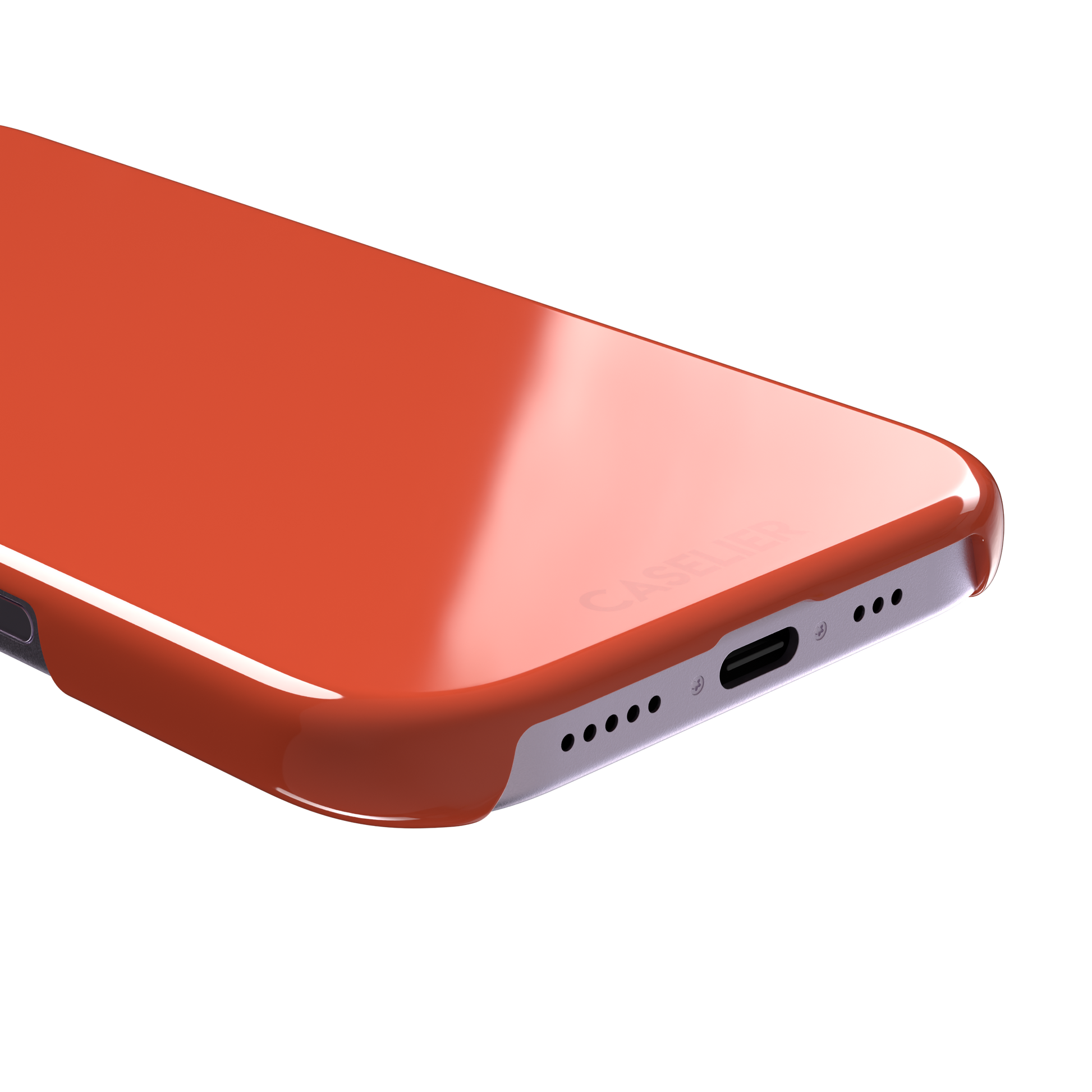 Rich tomato-red orange solid-color phone case variant on iPhone, phone case by Caselier — snap case, charging port detail