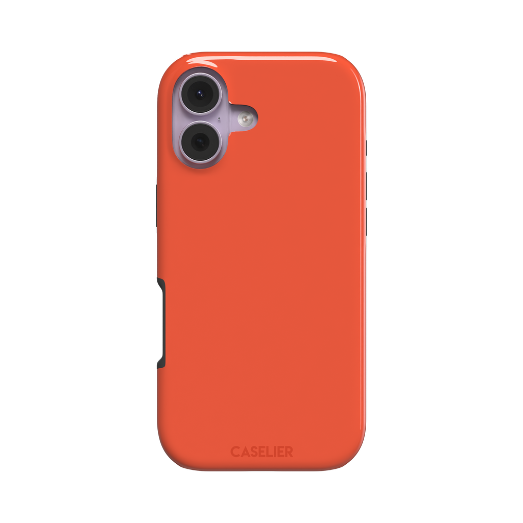 Rich tomato-red orange solid-color phone case variant on iPhone, phone case by Caselier — tough case, front view