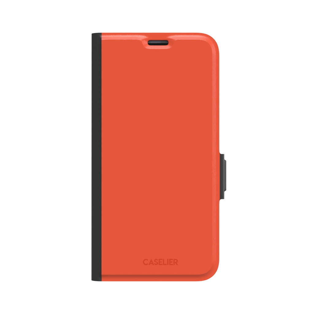 Rich tomato-red orange solid-color phone case variant on iPhone, phone case by Caselier — wallet case, front view