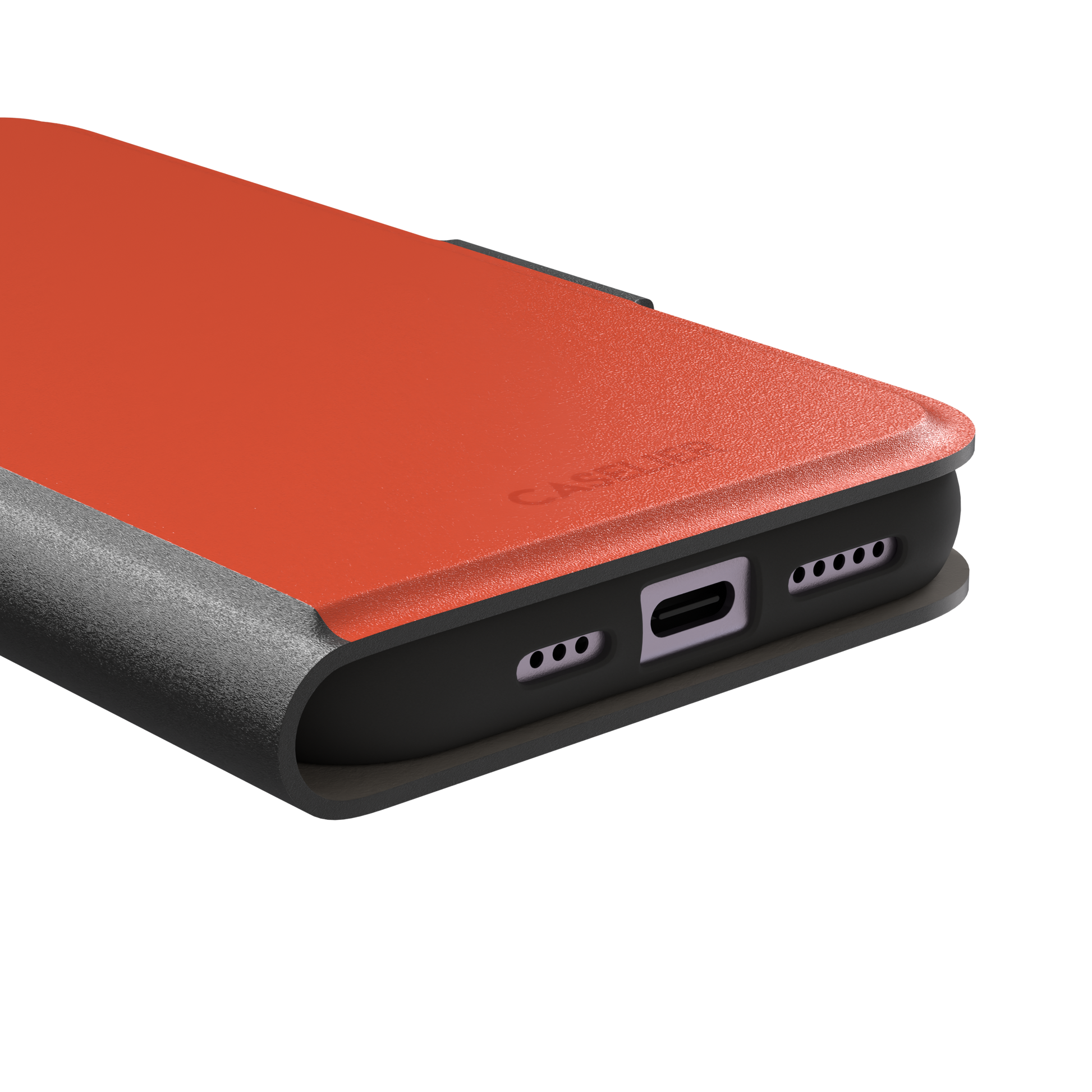 Rich tomato-red orange solid-color phone case variant on iPhone, phone case by Caselier — wallet case, charging port detail