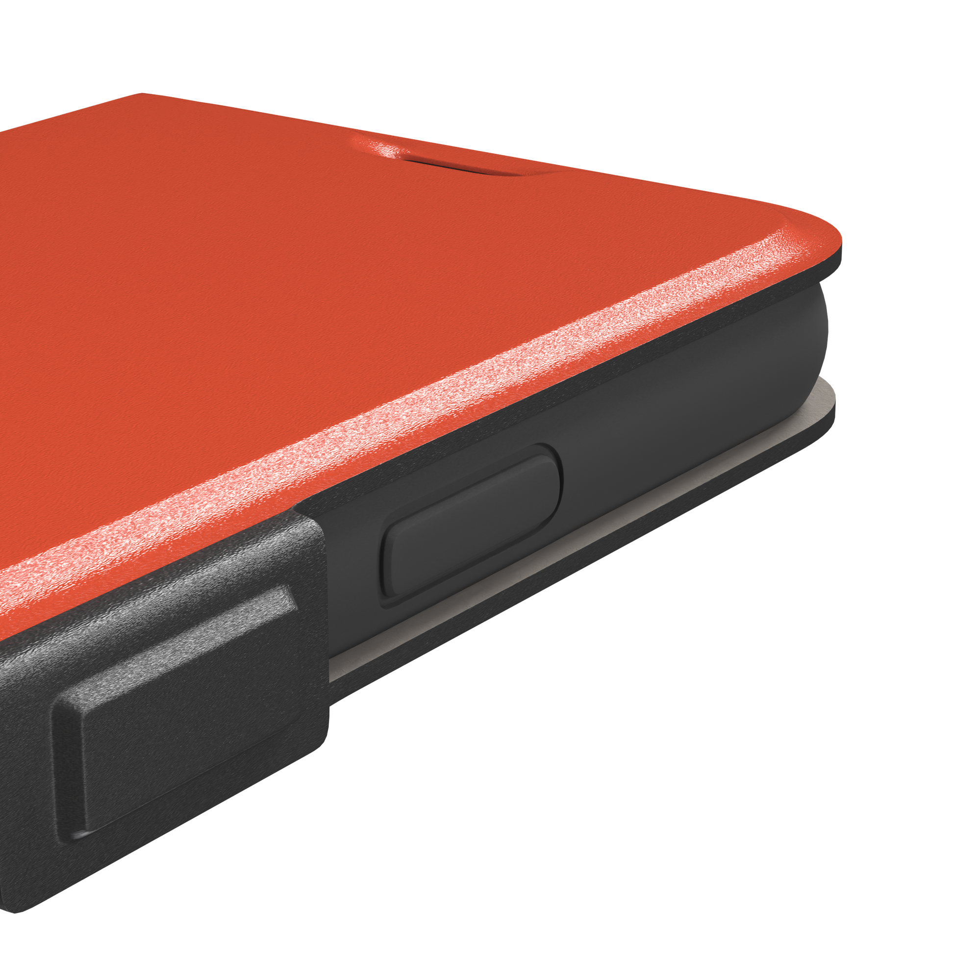 Rich tomato-red orange solid-color phone case variant on iPhone, phone case by Caselier — wallet case, volume buttons detail
