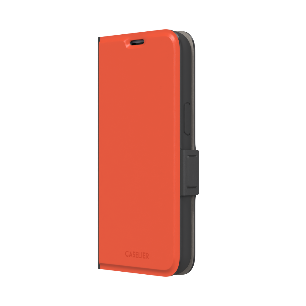 Rich tomato-red orange solid-color phone case variant on iPhone, phone case by Caselier — wallet case, right view