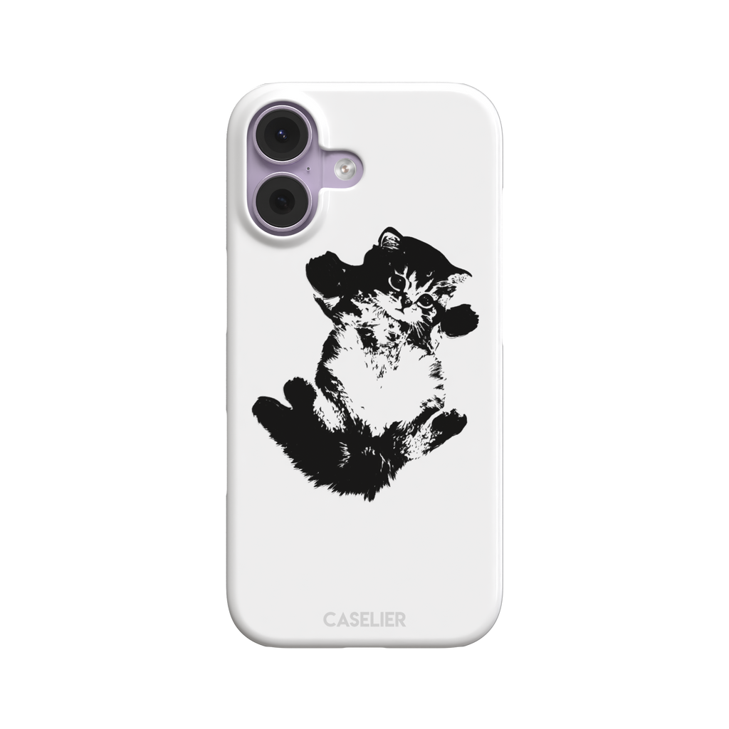 White phone case with a bold black-and-white ink-style illustration of a fluffy kitten lying on its back with paws raised, phone case by Caselier — snap case, front view