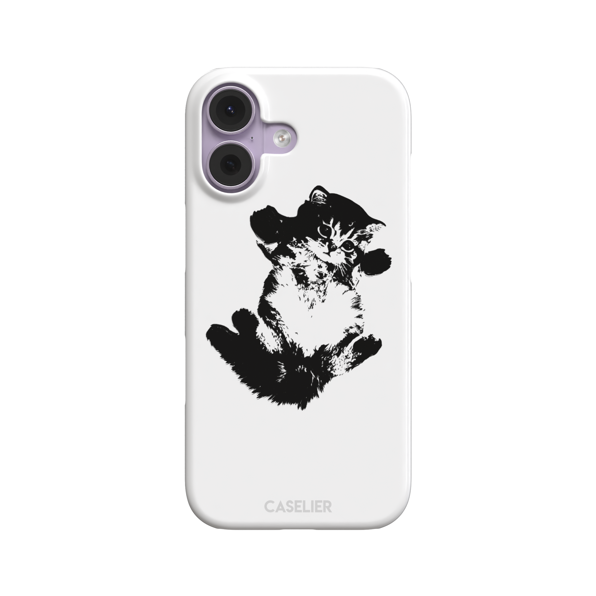 White phone case with a bold black-and-white ink-style illustration of a fluffy kitten lying on its back with paws raised, phone case by Caselier — snap case, front view