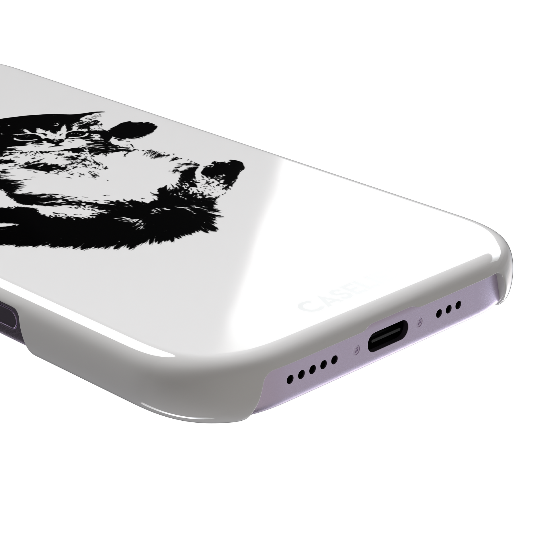 White phone case with a bold black-and-white ink-style illustration of a fluffy kitten lying on its back with paws raised, phone case by Caselier — snap case, charging port detail