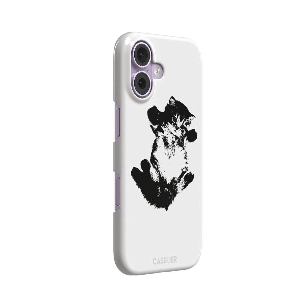 White phone case with a bold black-and-white ink-style illustration of a fluffy kitten lying on its back with paws raised, phone case by Caselier — snap case, left view