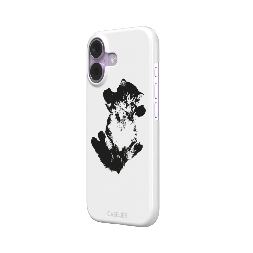 White phone case with a bold black-and-white ink-style illustration of a fluffy kitten lying on its back with paws raised, phone case by Caselier — snap case, right view